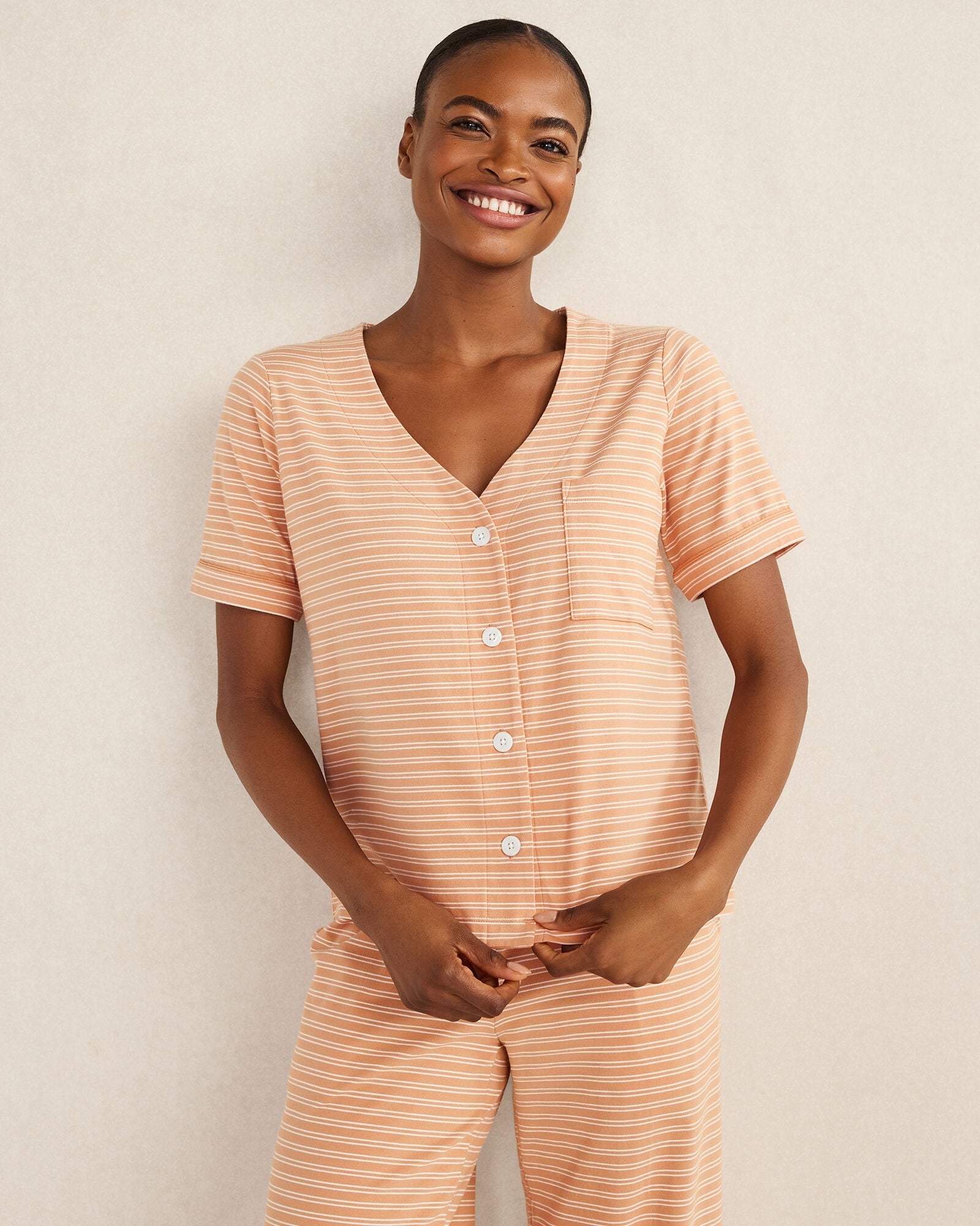 ORGANIC COTTON JERSEY STRIPED SHORT SLEEVE SLEEP TOP | Talbots online