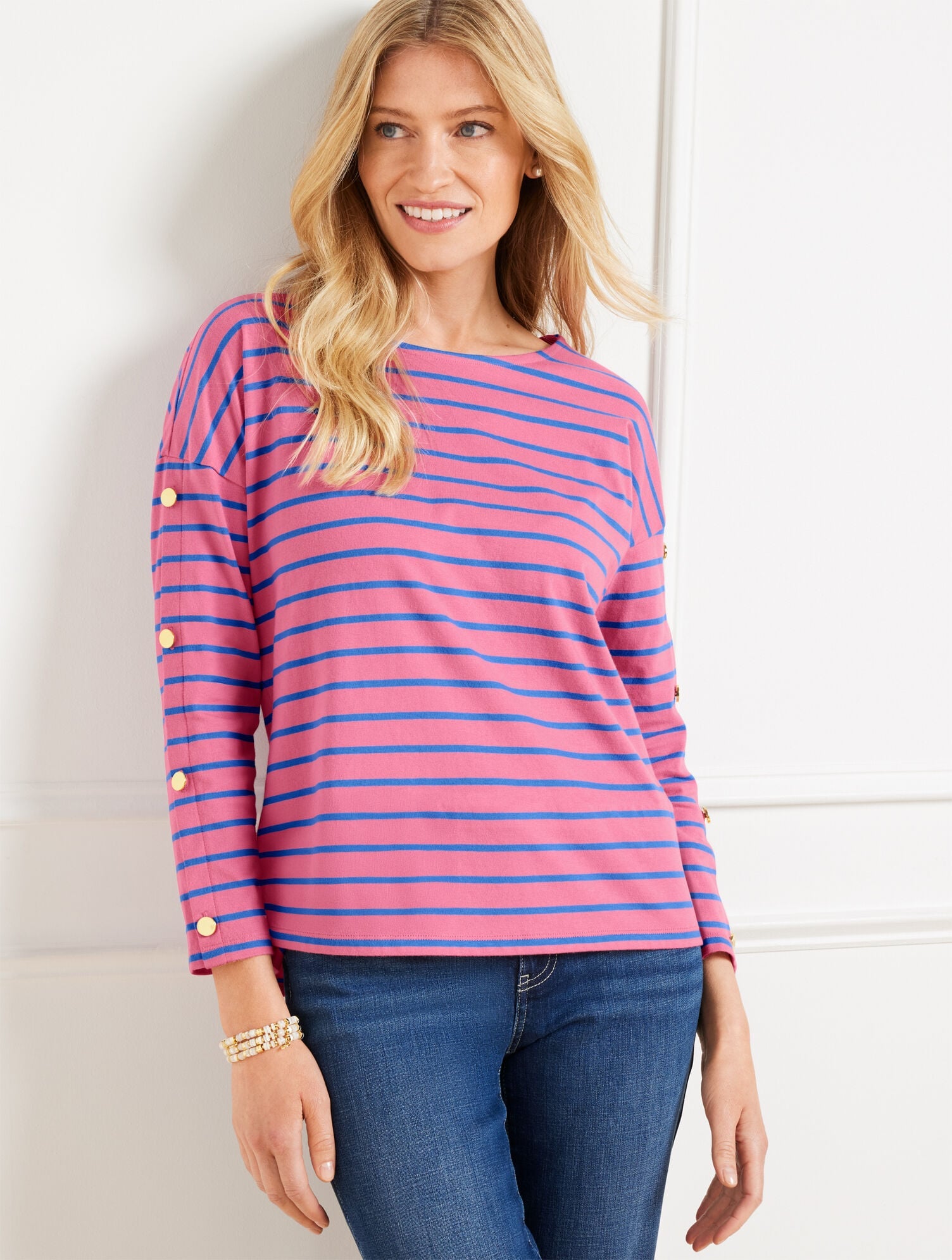 BUTTON SLEEVE CREWNECK TEE - STRIPE | Talbots near me