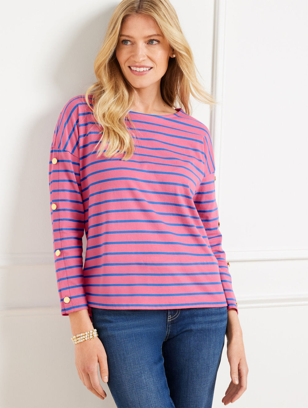 BUTTON SLEEVE CREWNECK TEE - STRIPE | Talbots near me
