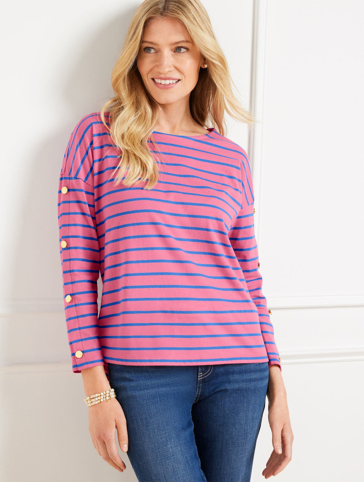 BUTTON SLEEVE CREWNECK TEE - STRIPE | Talbots near me