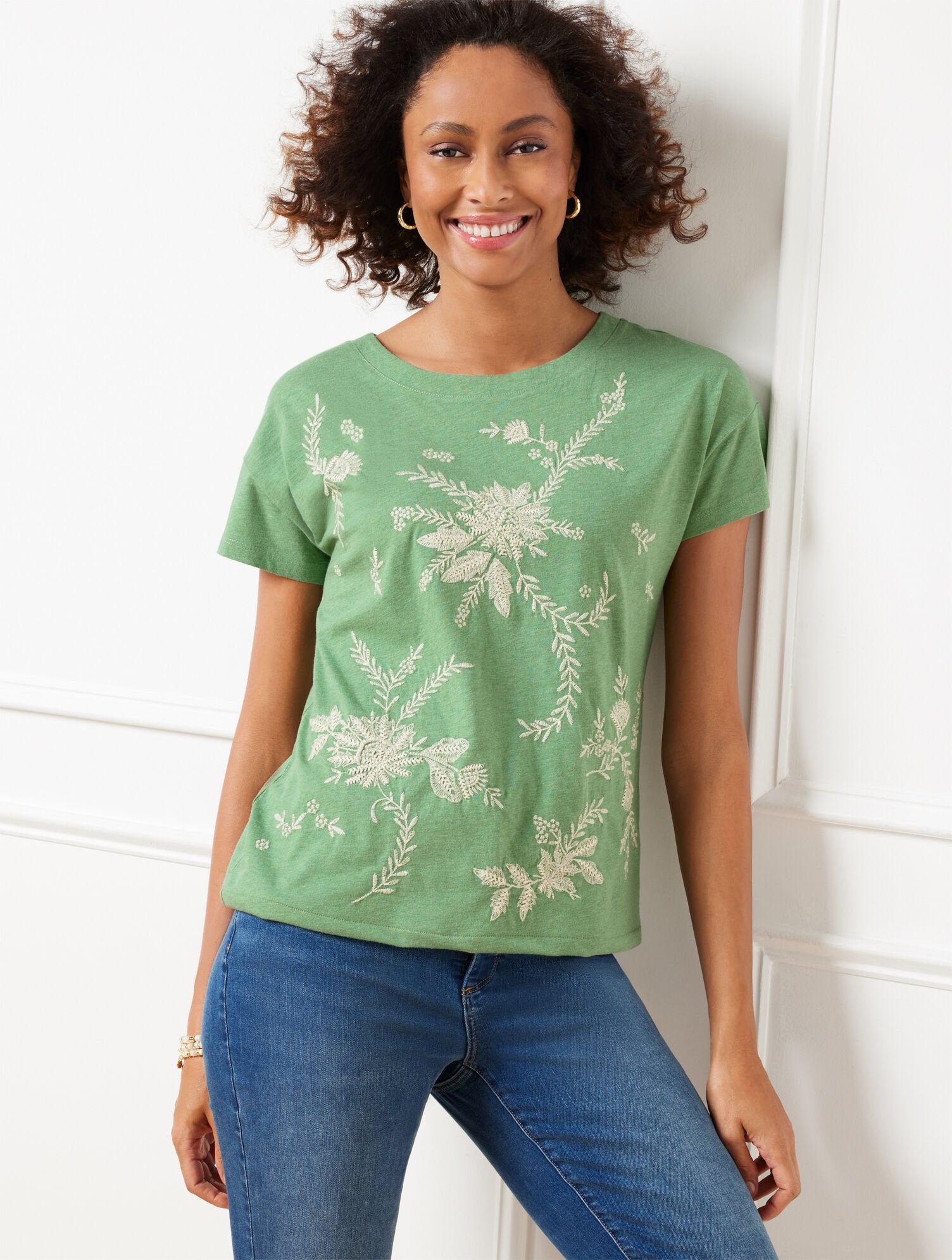 EMBROIDERED DROP SHOULDER TEE | Talbots US