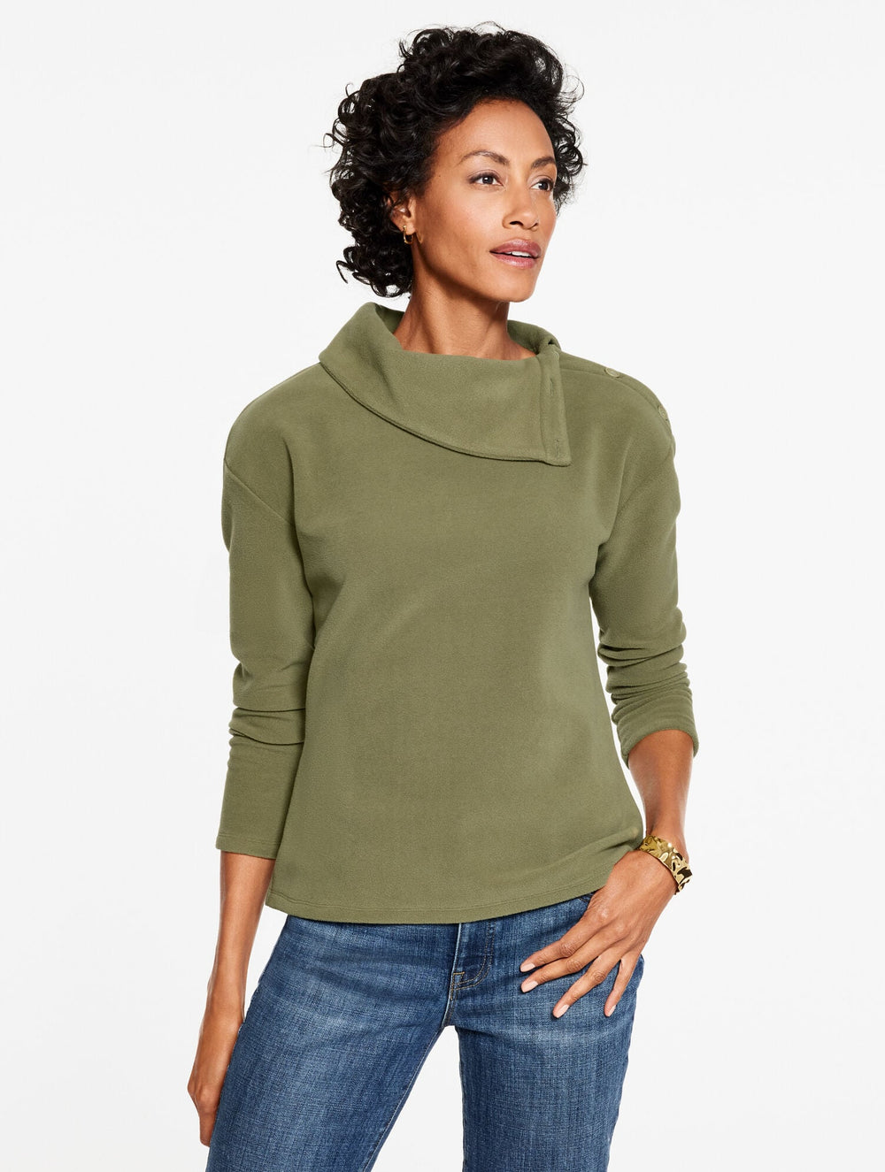 MICROFLEECE BUTTON SHOULDER PULLOVER | Talbots US