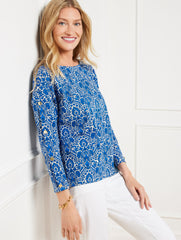BUTTON SLEEVE CREWNECK TEE - WOODLAND DAMASK | Talbots on sale