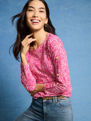 BUTTON SLEEVE CREWNECK TEE - WOODLAND DAMASK | Talbots on sale