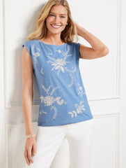 EMBROIDERED BATEAU NECK SHELL | Talbots on sale