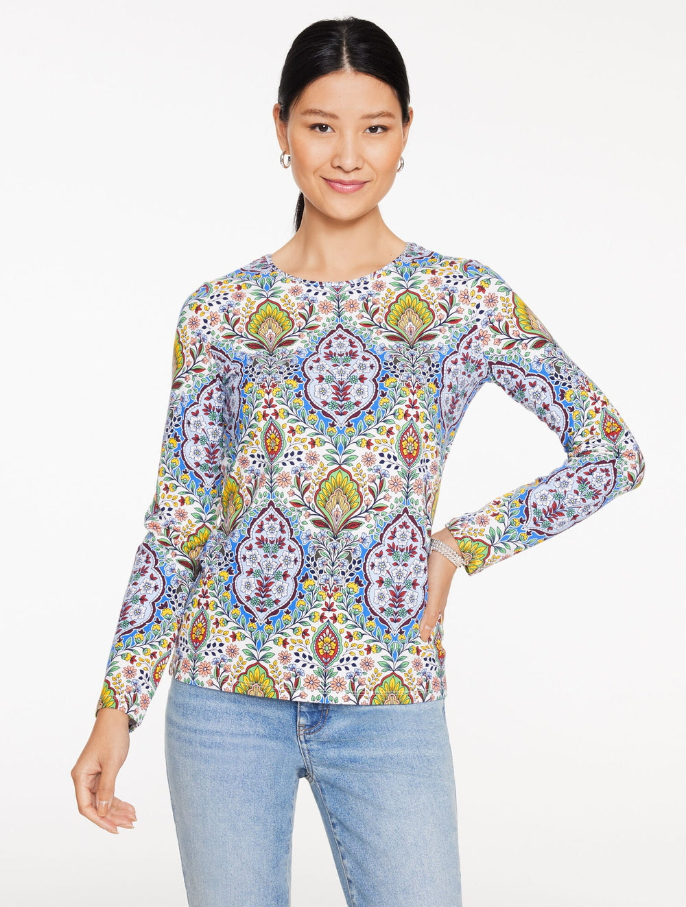 LONG SLEEVE CREWNECK TEE - BOTANICAL MEDALLION | Talbots discount