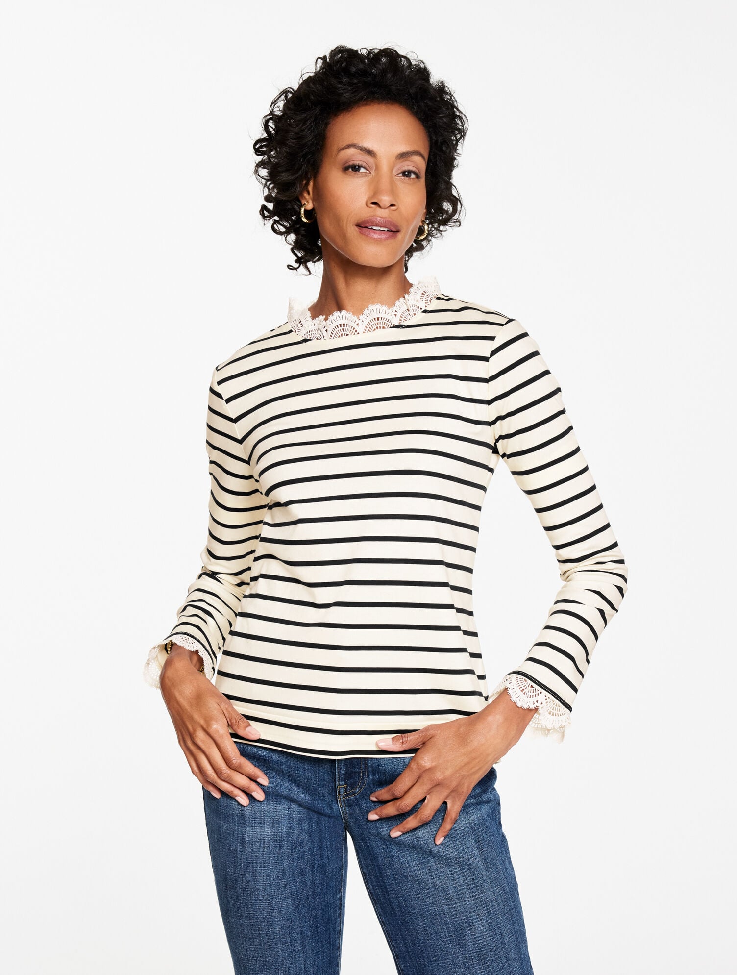 LACE TRIM CREWNECK TEE - SAYBROOK STRIPE | Talbots US