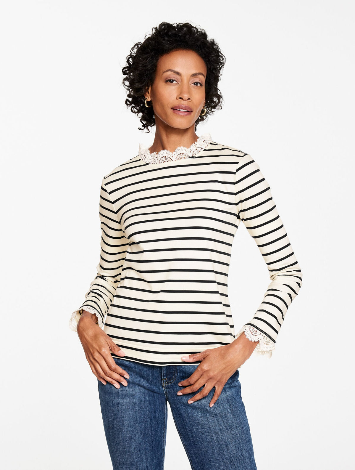 LACE TRIM CREWNECK TEE - SAYBROOK STRIPE | Talbots US
