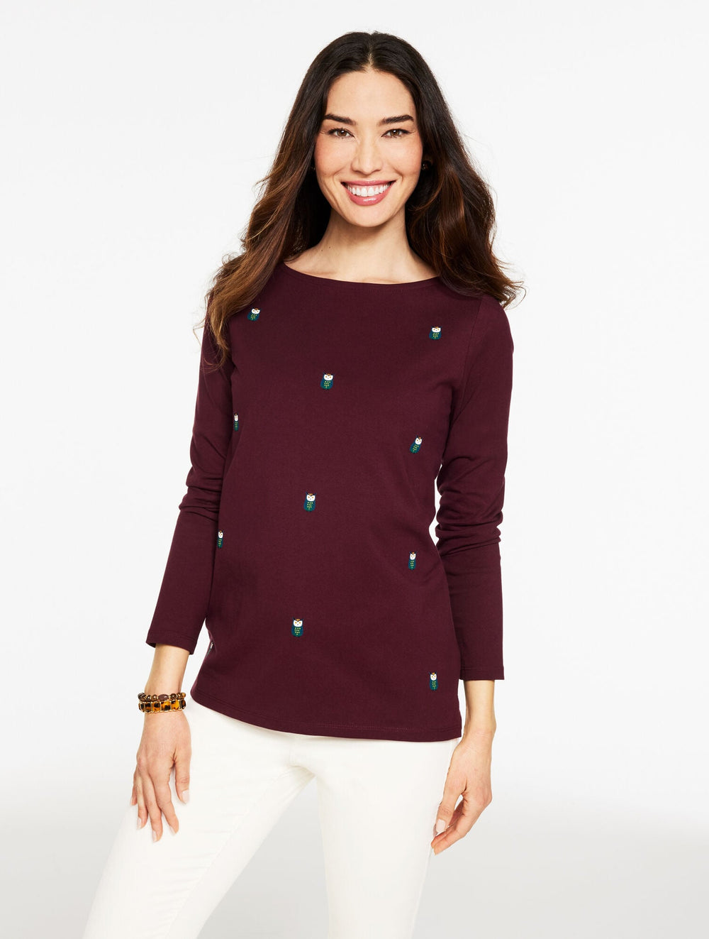 LONG SLEEVE BATEAU NECK TEE - OWL | Talbots outlet