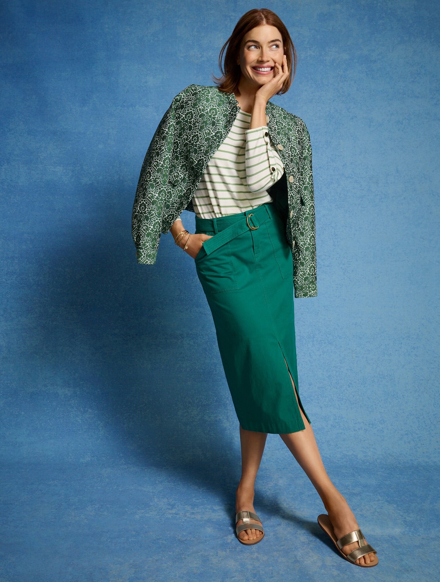 BELTED TWILL MIDI SKIRT | Talbots outlet