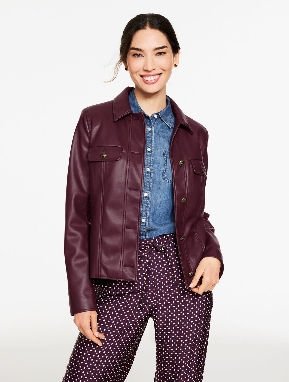 FAUX LEATHER COLLARED JACKET | Talbots on sale
