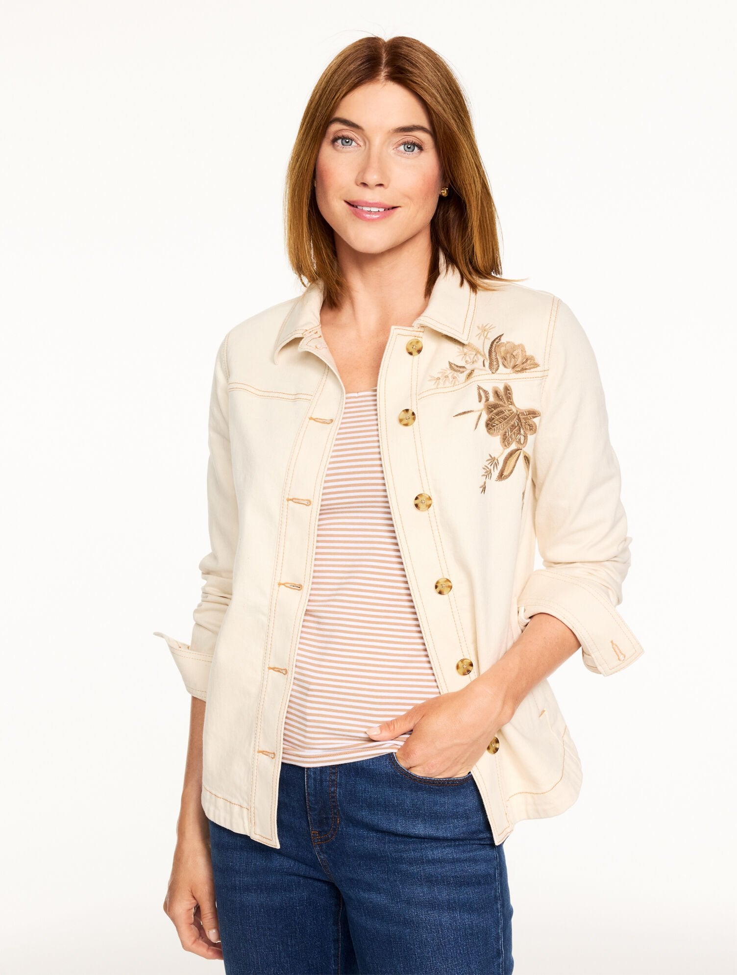 EMBROIDERED DENIM SHIRT JACKET | Talbots near me