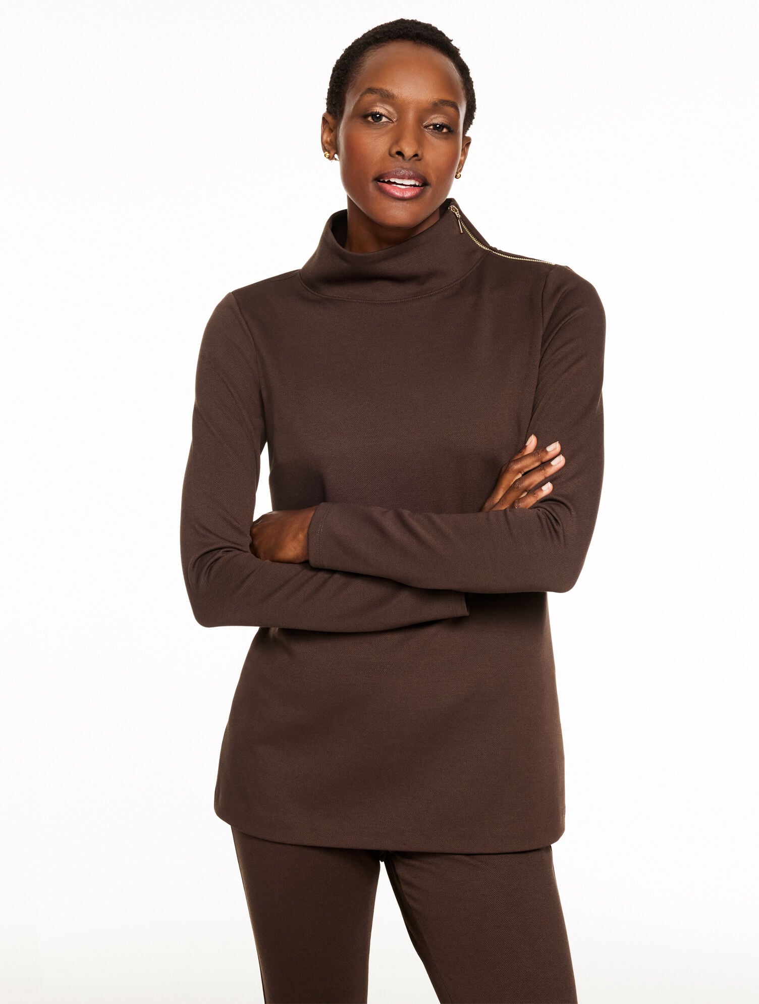 PASSPORT PONTE ZIP SHOULDER TUNIC PULLOVER | Talbots sale