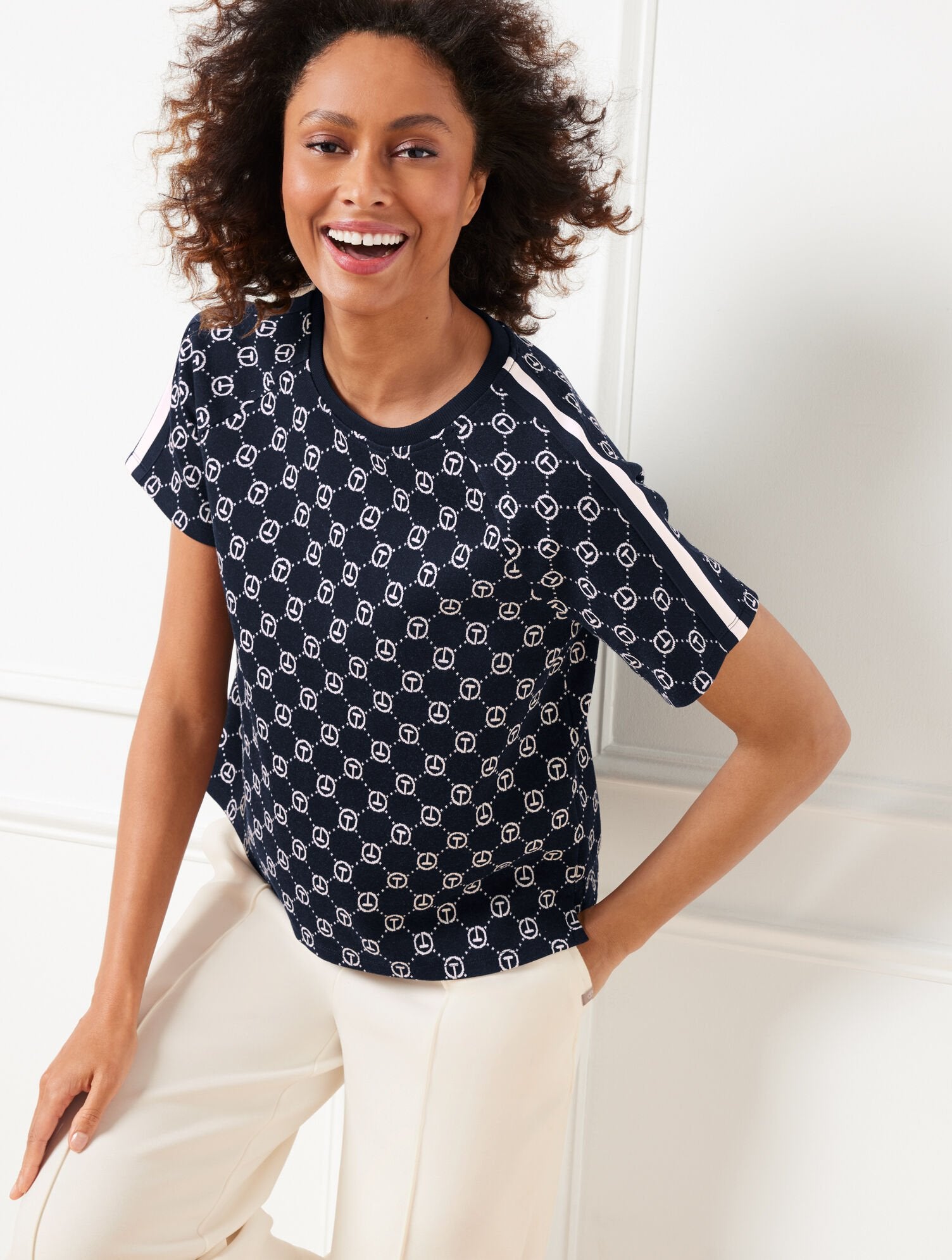 LOGO JACQUARD CREWNECK BOXY TEE | Talbots outlet
