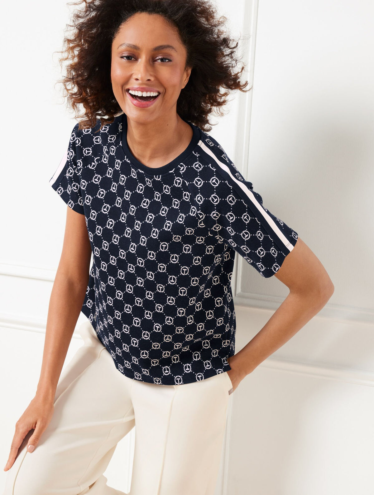 LOGO JACQUARD CREWNECK BOXY TEE | Talbots outlet