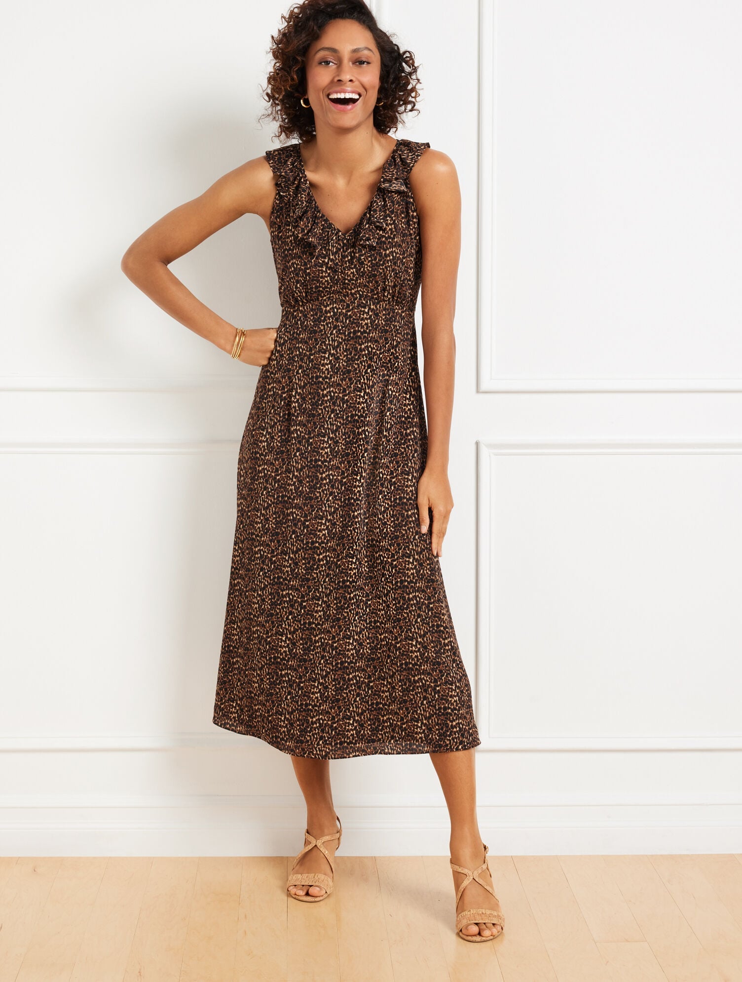 FIT & FLARE RUFFLE MIDI DRESS - DELICATE LEOPARD | Talbots US