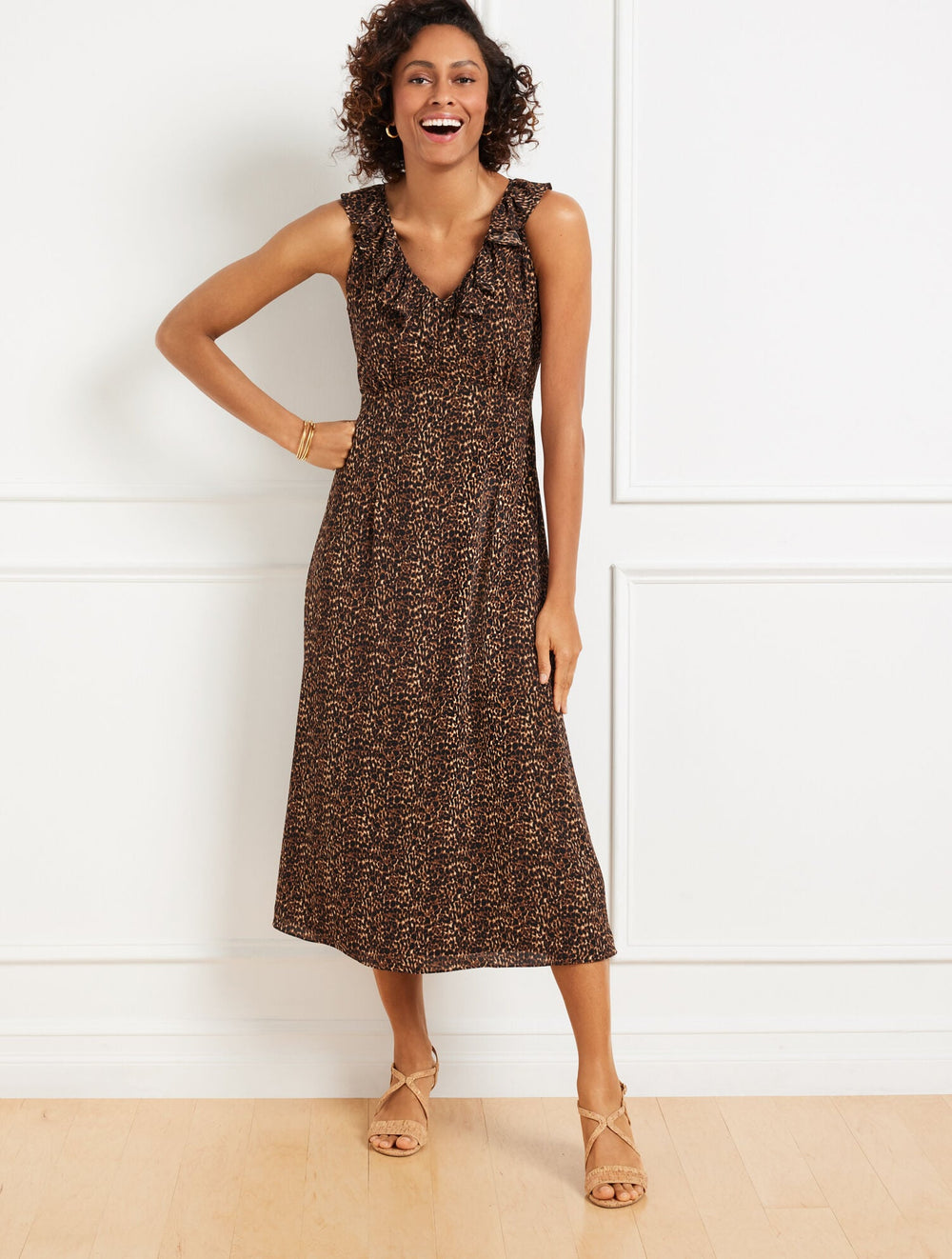 FIT & FLARE RUFFLE MIDI DRESS - DELICATE LEOPARD | Talbots US