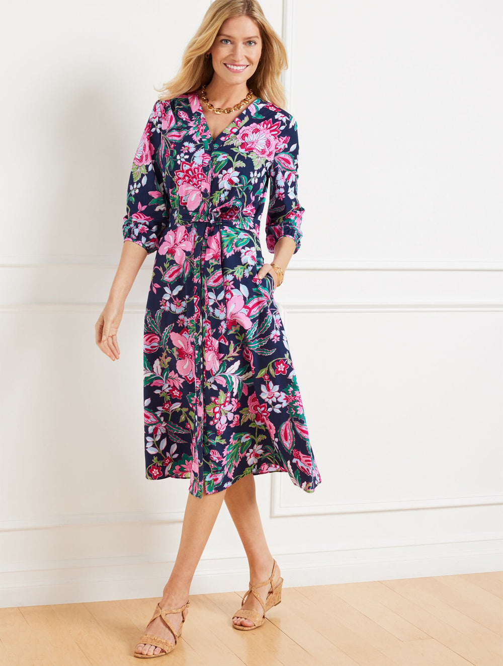 MODERN POPLIN PUFF SLEEVE SHIRTDRESS - JOYFUL JACOBEAN | Talbots online