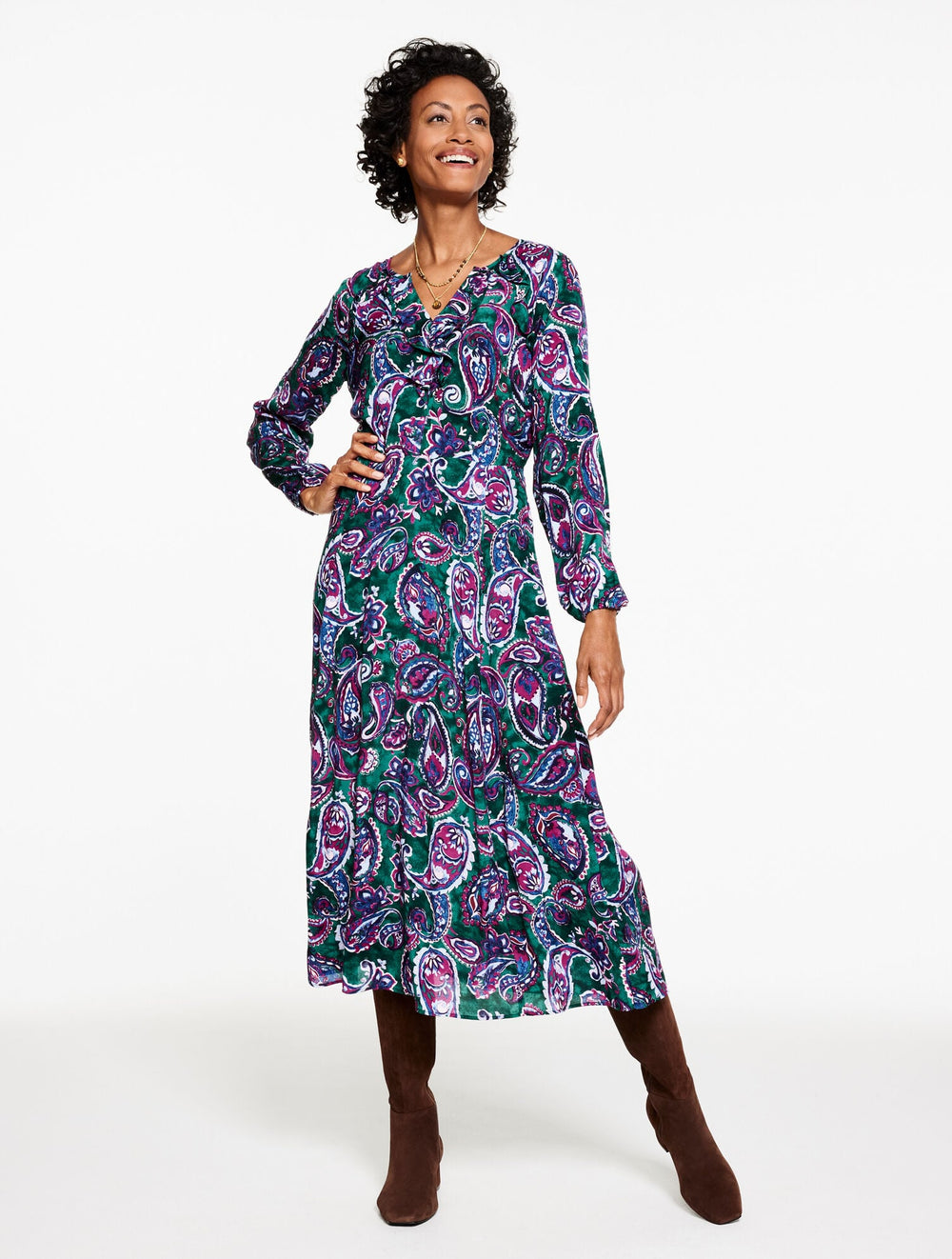 FIT & FLARE RUFFLE DRESS - PICCADILLY PAISLEY | Talbots for sale