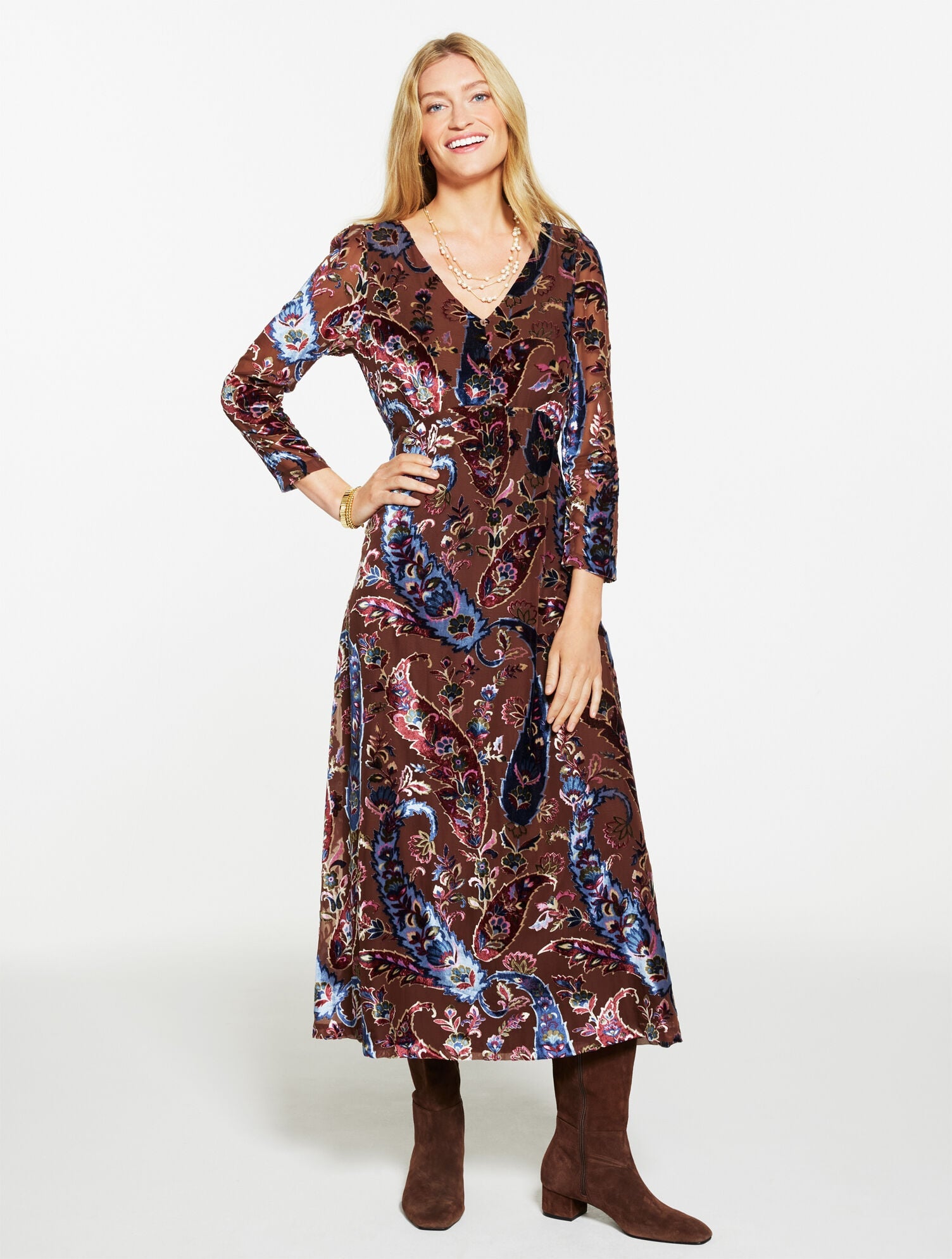 BURNOUT VELVET FIT & FLARE DRESS - FLORAL PAISLEY | Talbots for sale