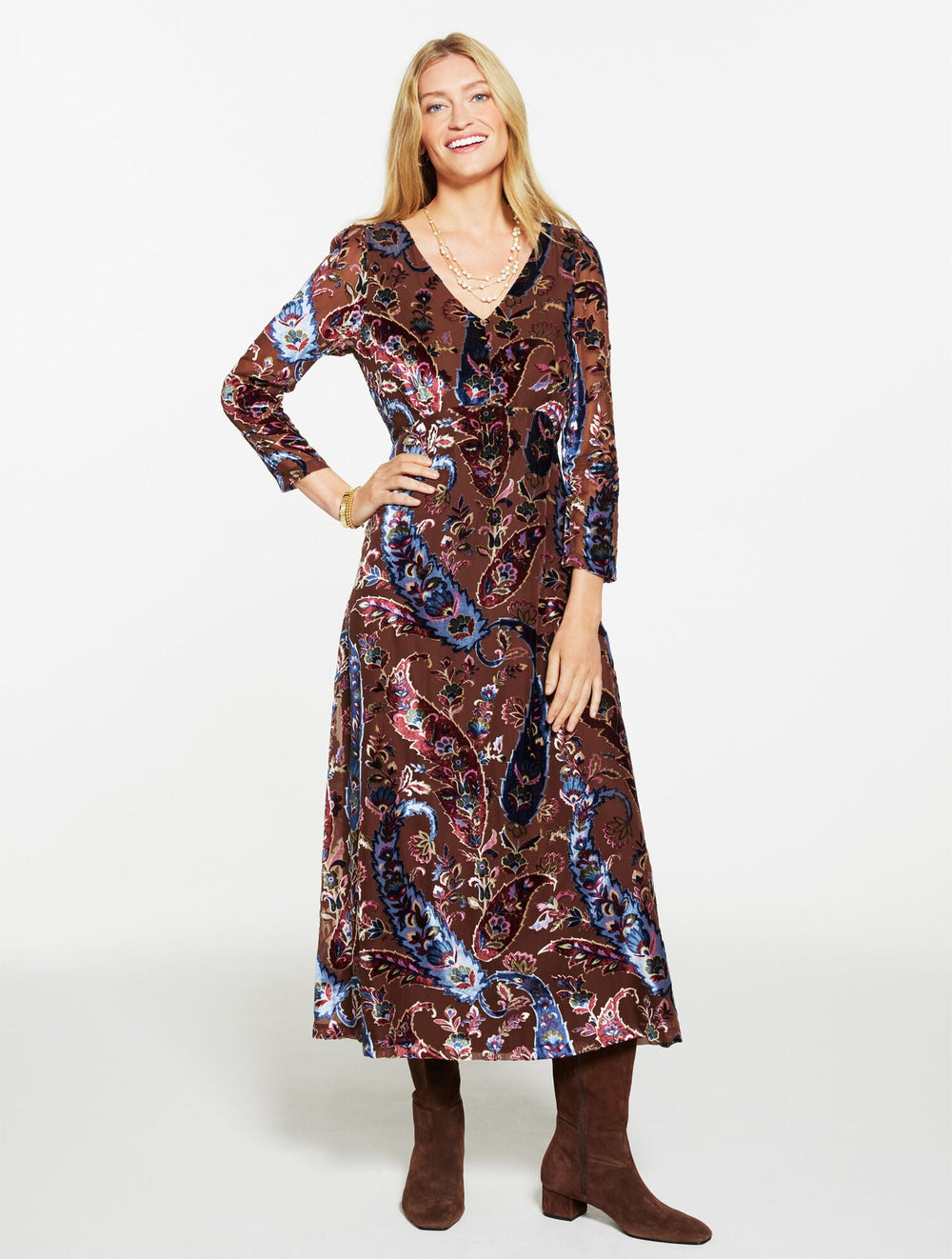 BURNOUT VELVET FIT & FLARE DRESS - FLORAL PAISLEY | Talbots for sale