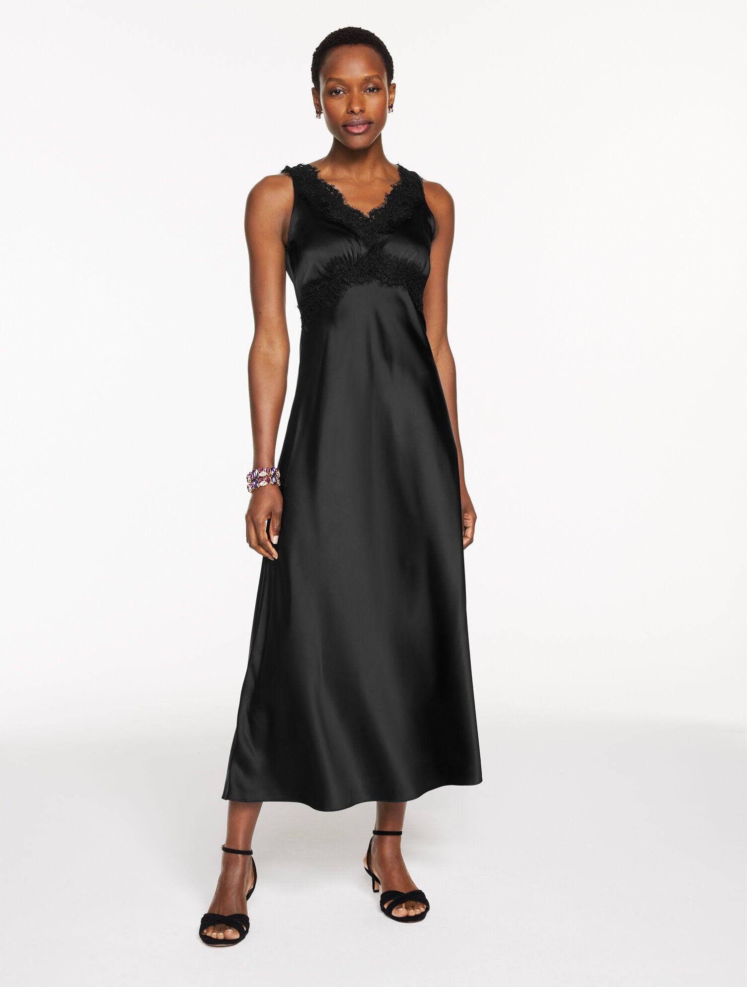 LACE TRIM SATIN MIDI DRESS | Talbots sale