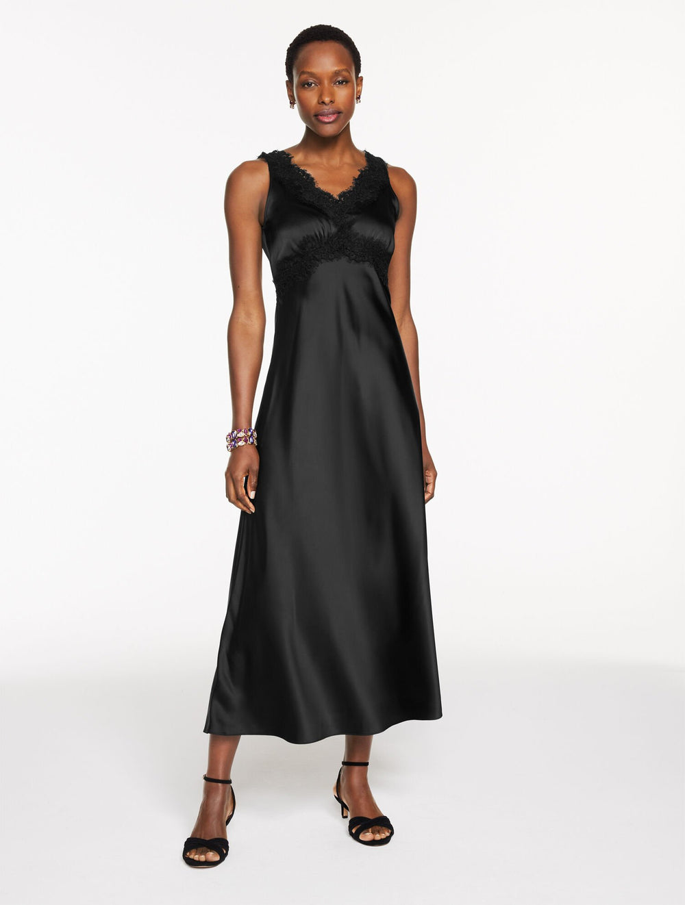 LACE TRIM SATIN MIDI DRESS | Talbots sale