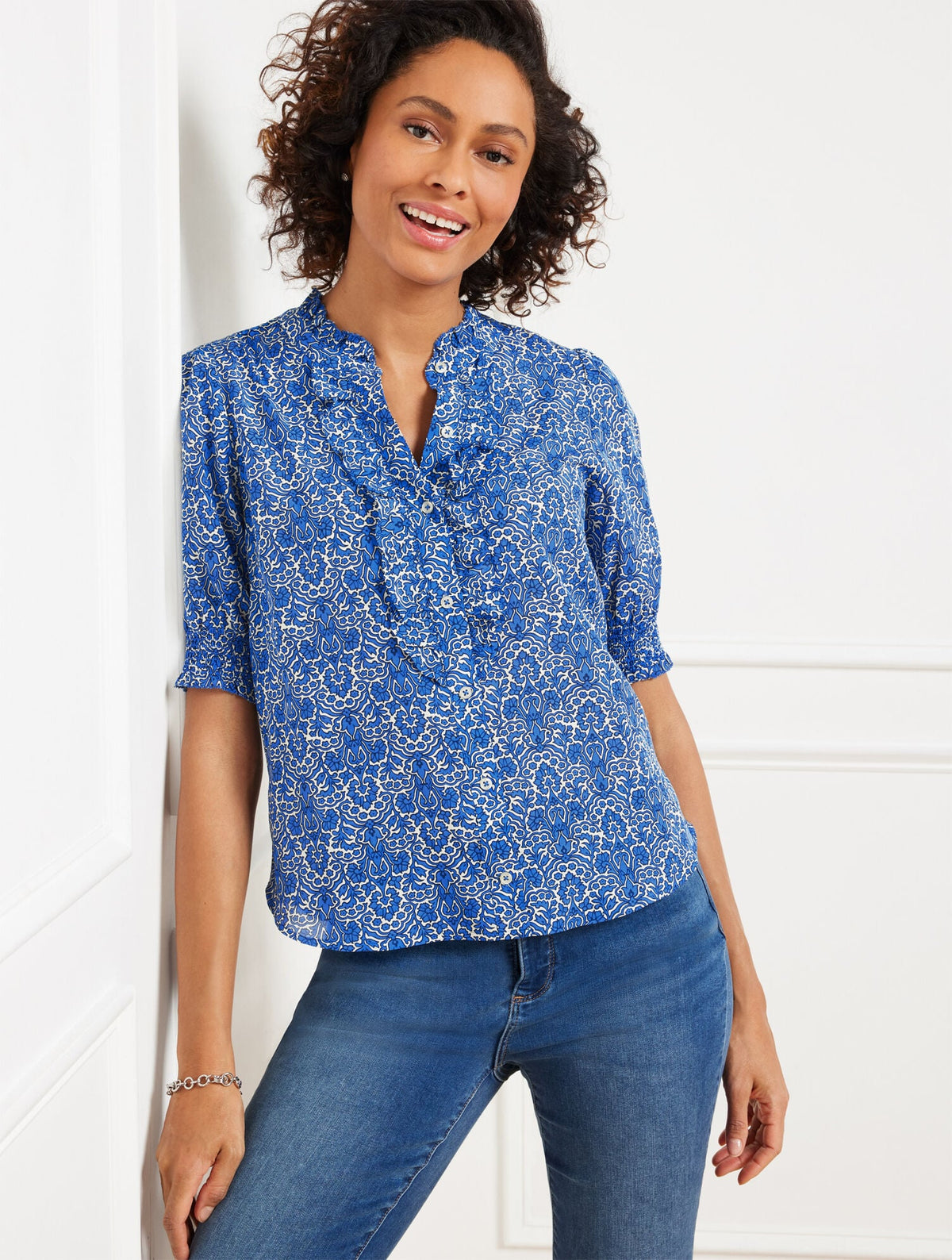 RUFFLE BUTTON FRONT TOP - WOODLAND DAMASK | Talbots for sale