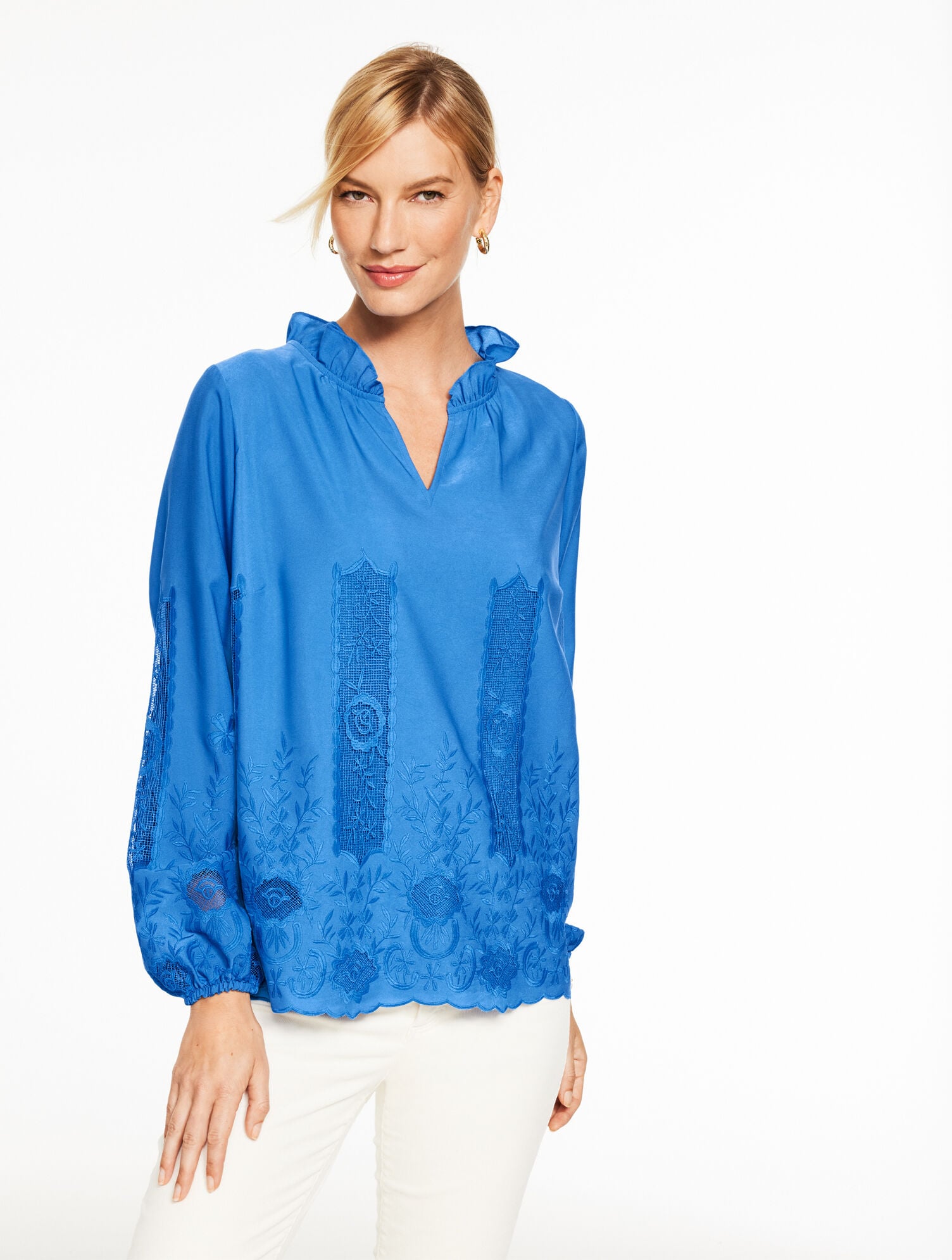 EMBROIDERED RUFFLE TOP - WISTERIA FLORAL | Talbots outlet