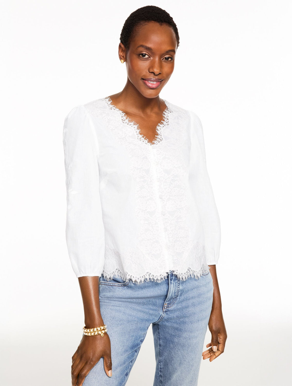 EMBROIDERED LACE TRIM VOILE TOP | Talbots online