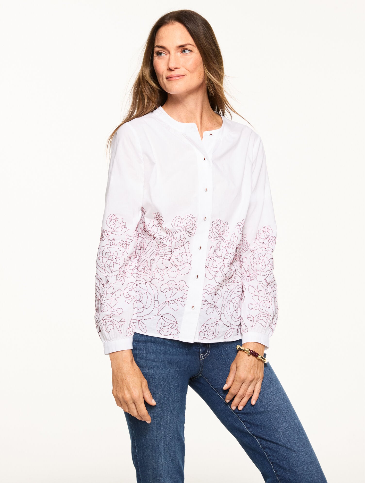 CONTRAST EMBROIDERED POPLIN TOP | Talbots near me