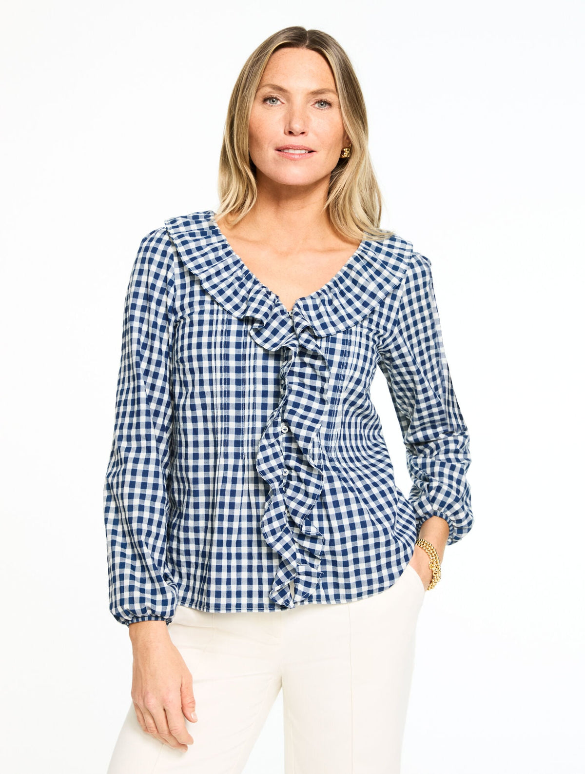 PINTUCK RUFFLE TRIM TOP - REGENT CHECK | Talbots discount