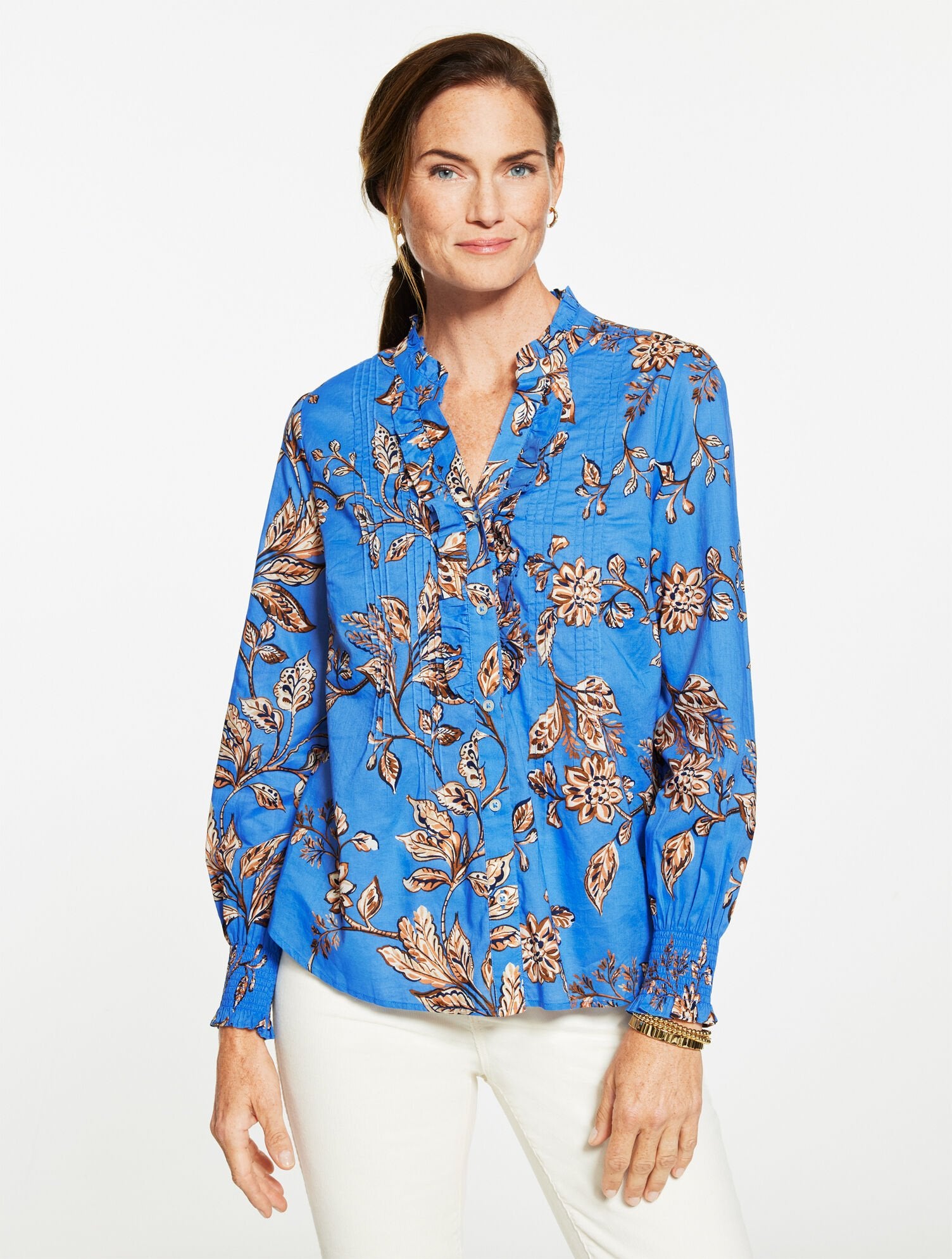 SMOCKED CUFF RUFFLE TOP - FLORAL SYMPHONY | Talbots on sale