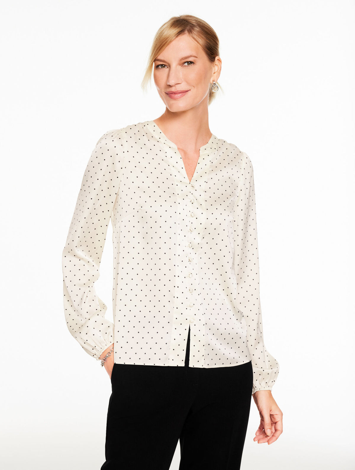BAND COLLAR BUTTON FRONT SHIRT - LUMINOUS DOTS | Talbots discount