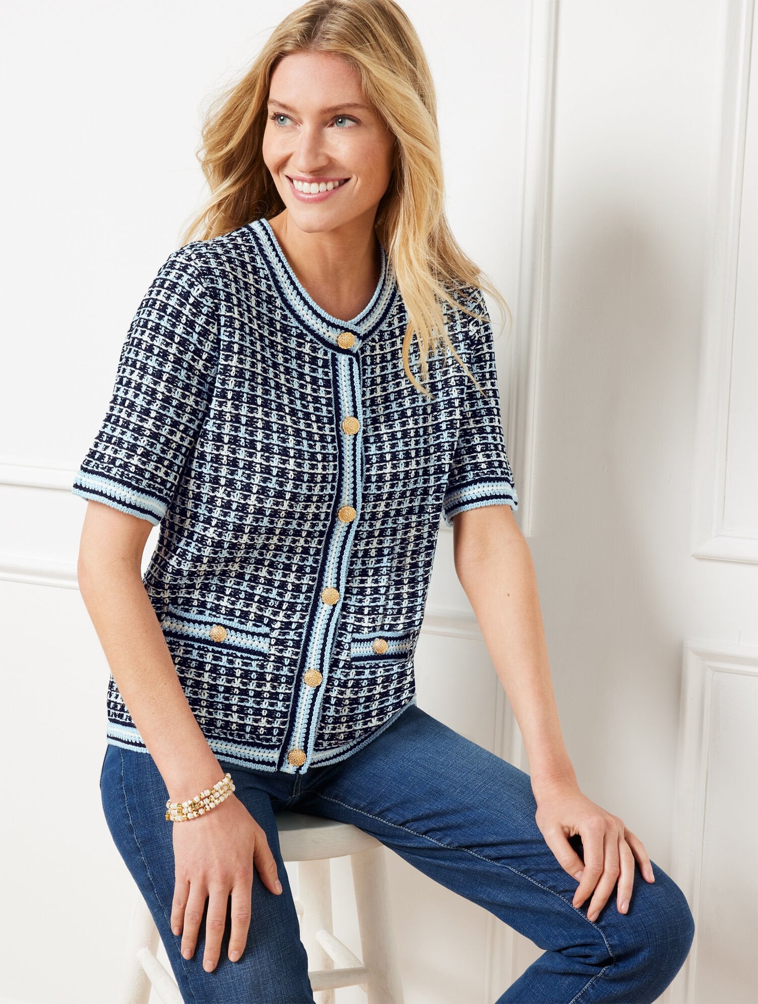 SHORT SLEEVE CARDIGAN - TEXTURE PLAID | Talbots US