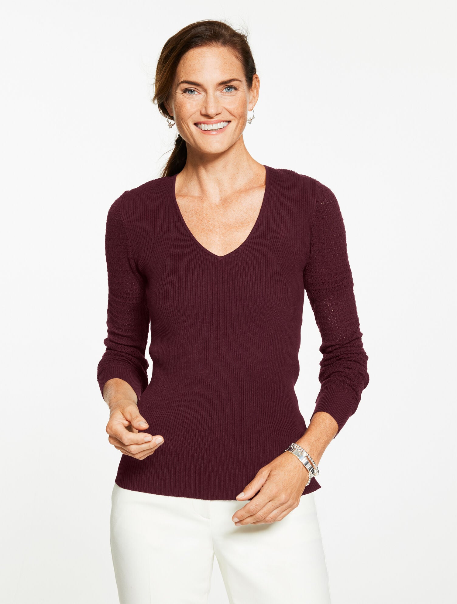 POINTELLE STITCH V-NECK SWEATER | Talbots outlet