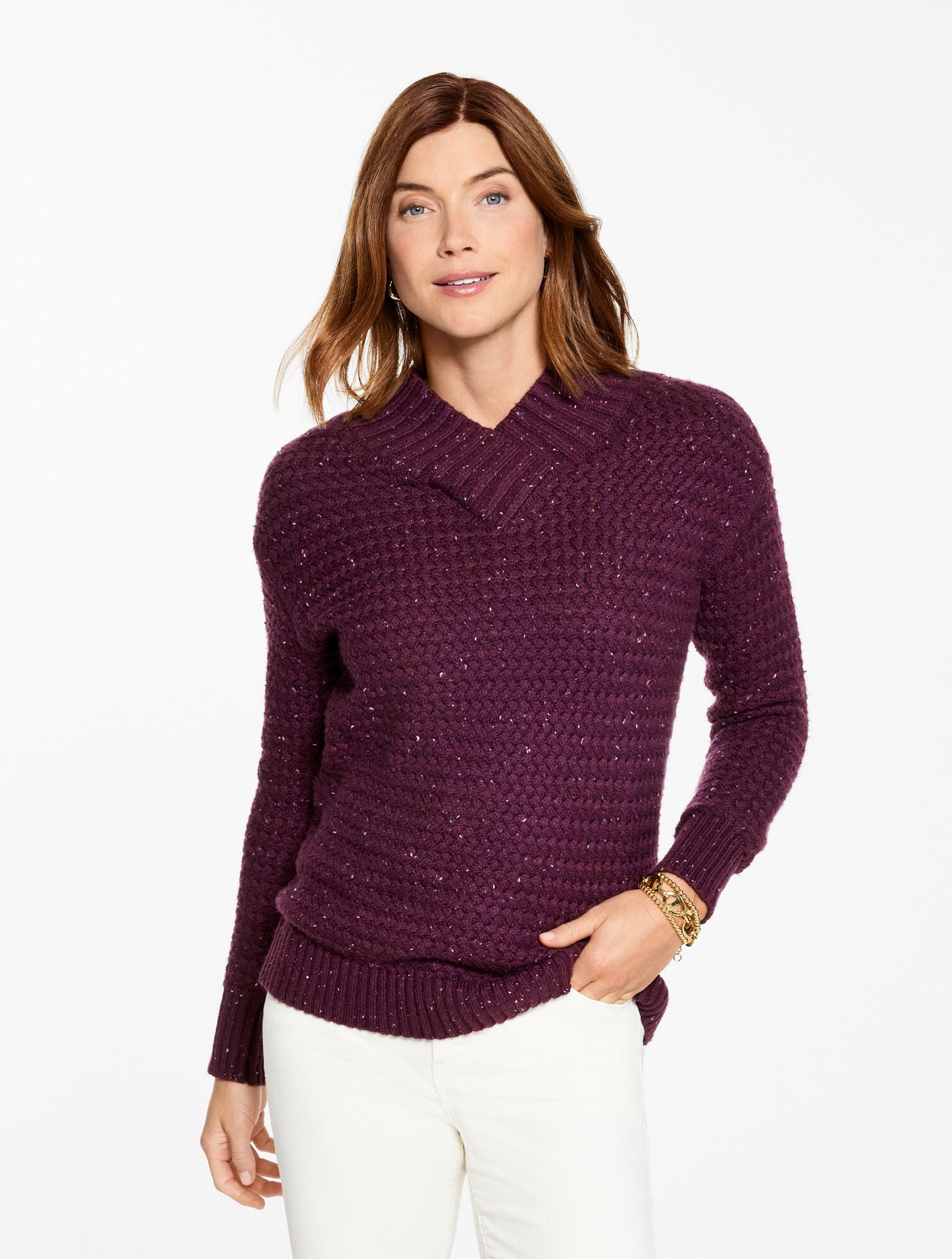 TEXTURED V-NECK PULLOVER - TWEED | Talbots discount
