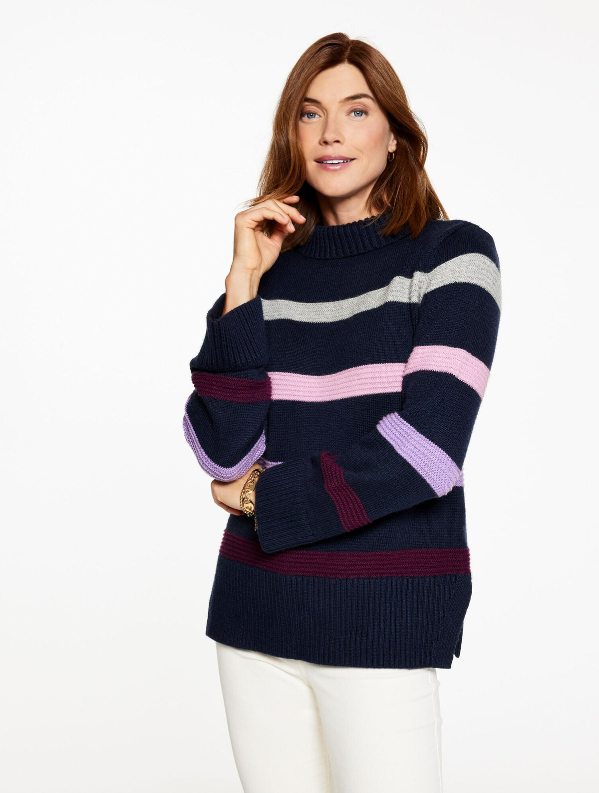 SOFT CABLE KNIT MOCKNECK SWEATER - MULTI STRIPE | Talbots online