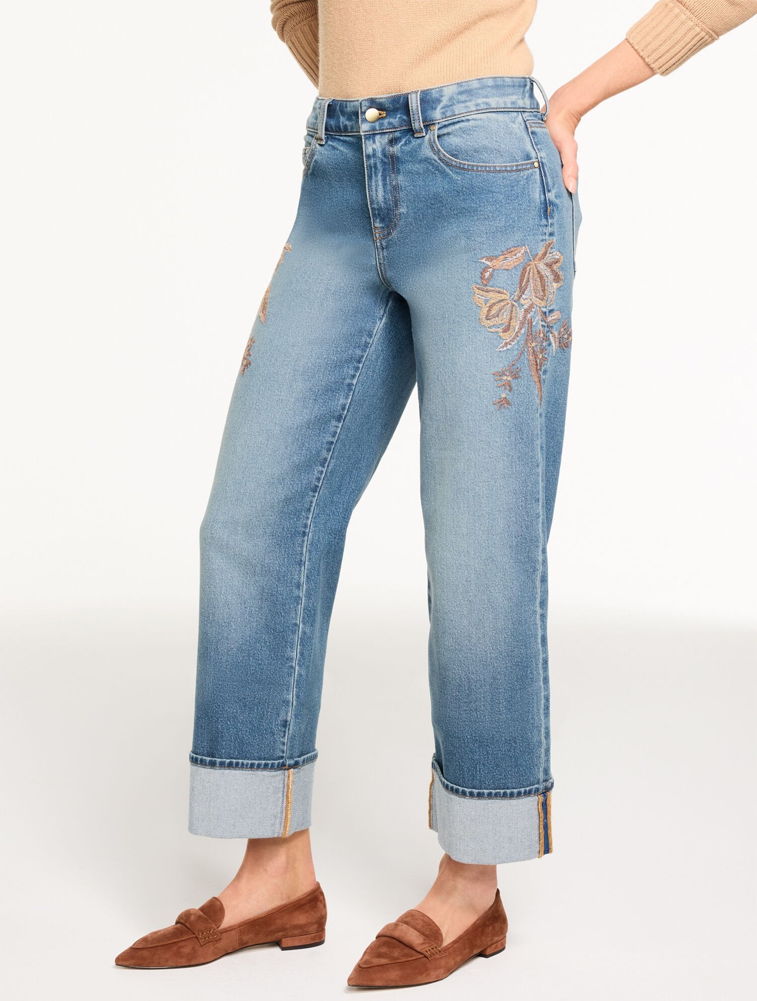 STRAIGHT ANKLE CUFF EMBROIDERED JEANS - AUTUMN WASH | Talbots for sale