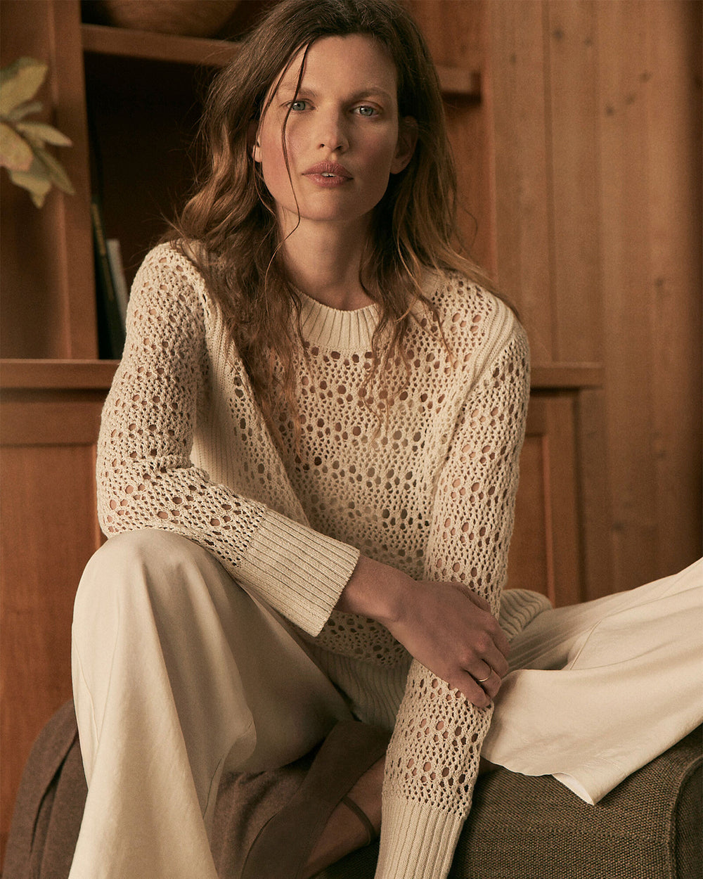 ORGANIC COTTON LINEN OPEN STITCH CREWNECK SWEATER | Talbots sale