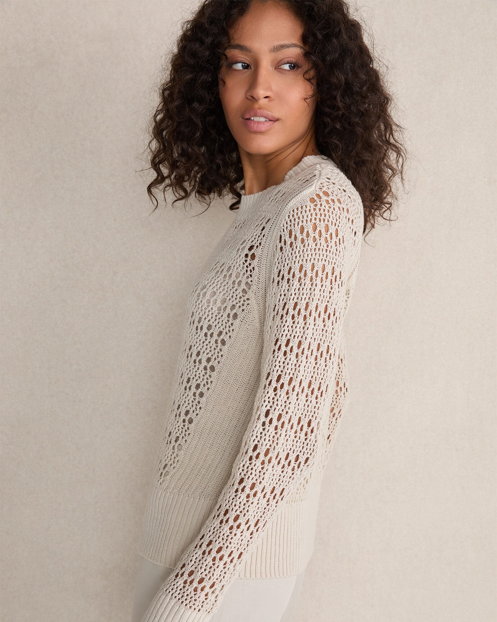 ORGANIC COTTON LINEN OPEN STITCH CREWNECK SWEATER | Talbots sale