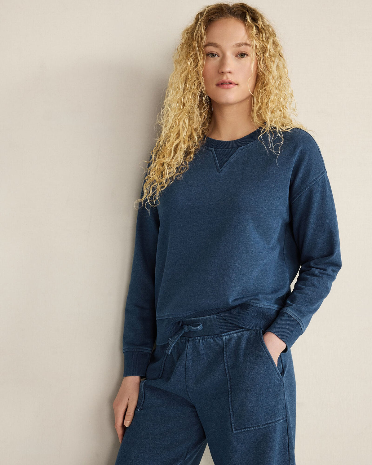 INDIGO WASHED COTTON FLEECE CREWNECK PULLOVER | Talbots online