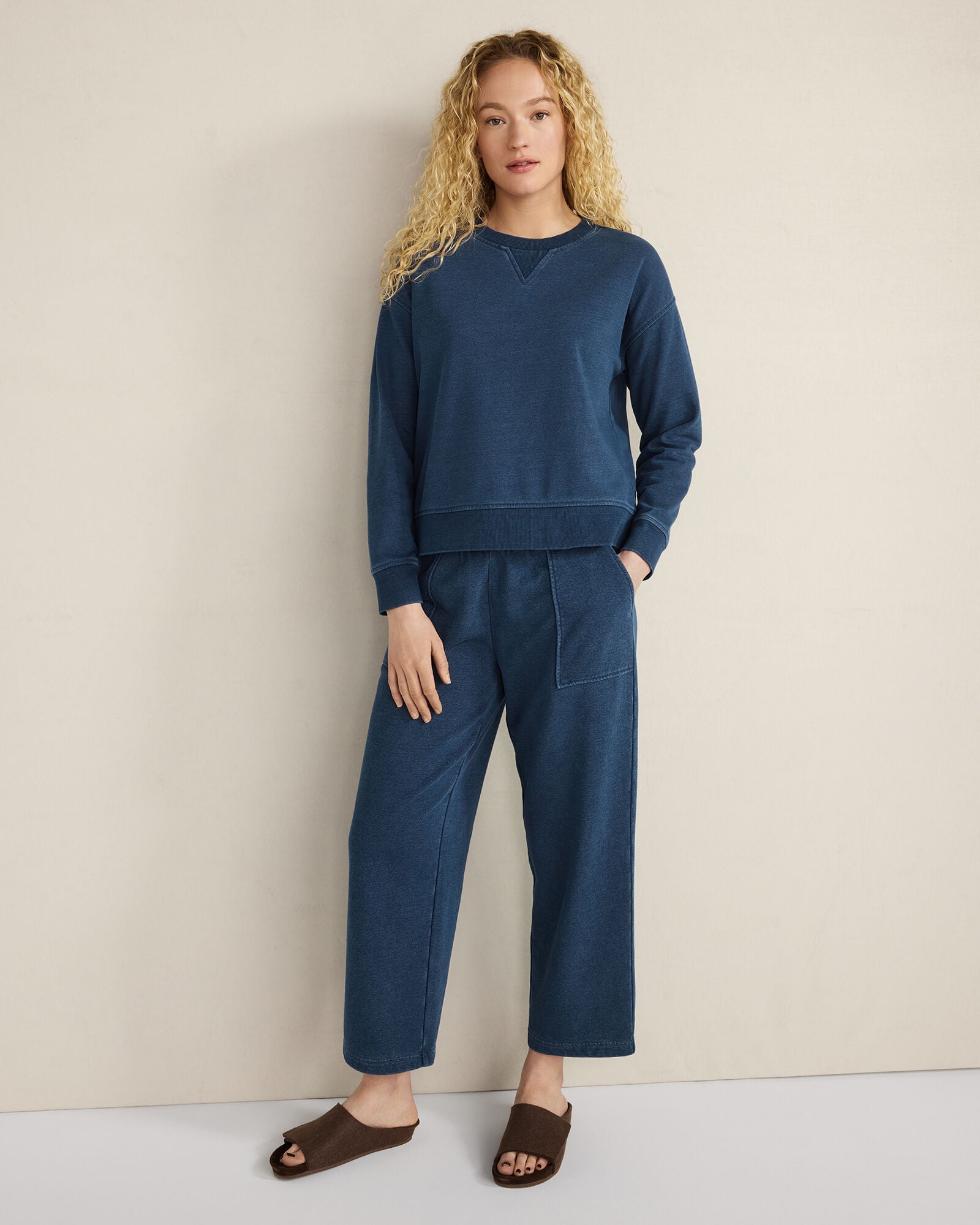 INDIGO WASHED COTTON FLEECE CREWNECK PULLOVER | Talbots online