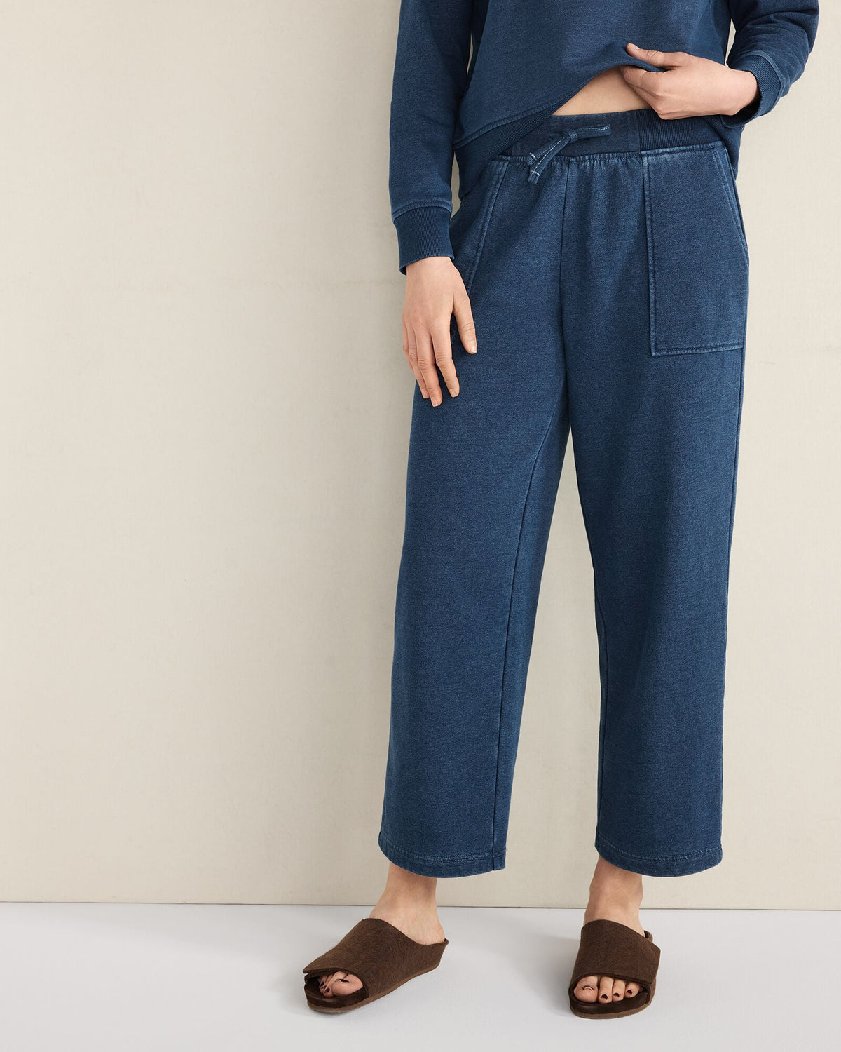 INDIGO WASHED COTTON FLEECE STRAIGHT LEG PANTS | Talbots sale
