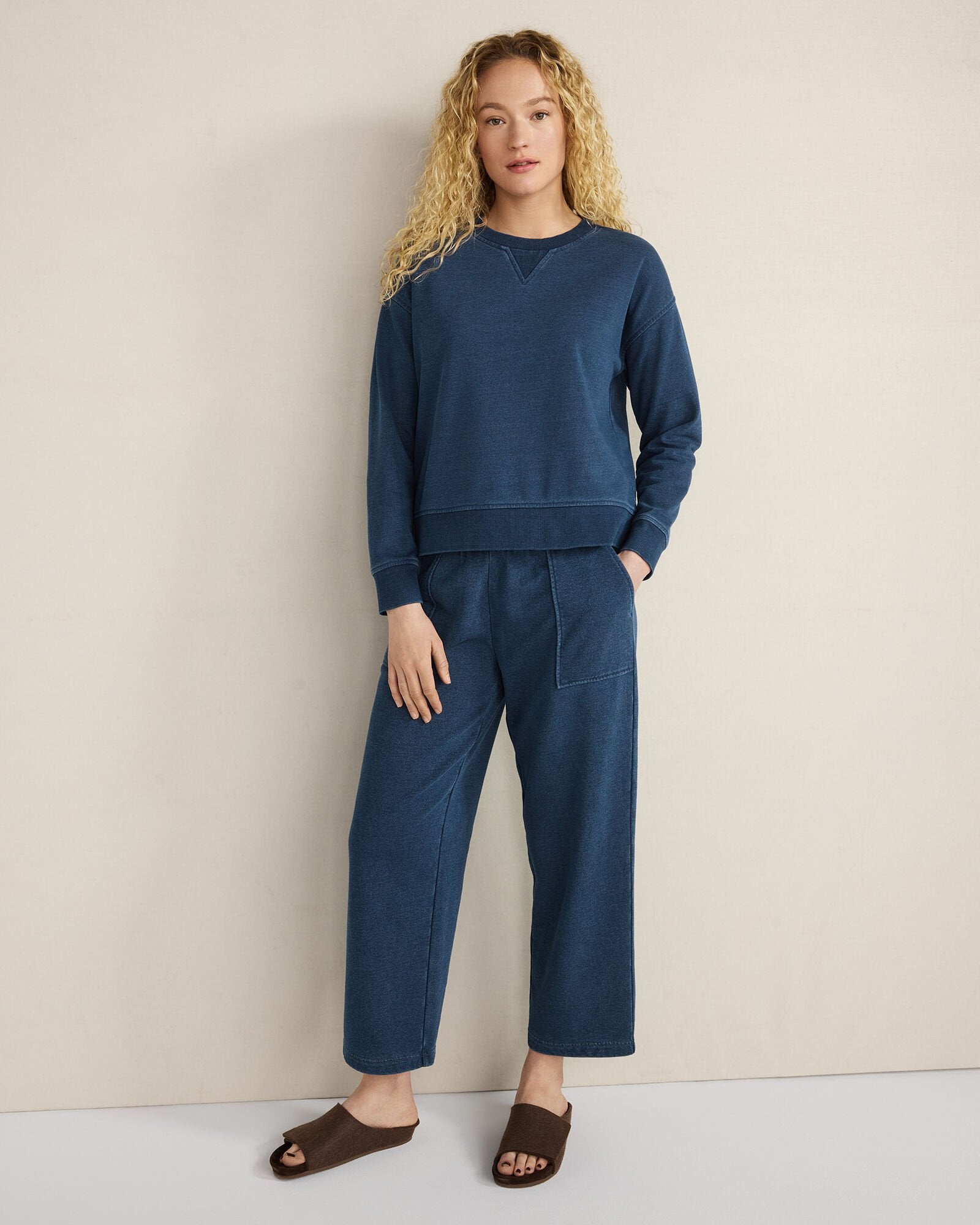 INDIGO WASHED COTTON FLEECE STRAIGHT LEG PANTS | Talbots sale