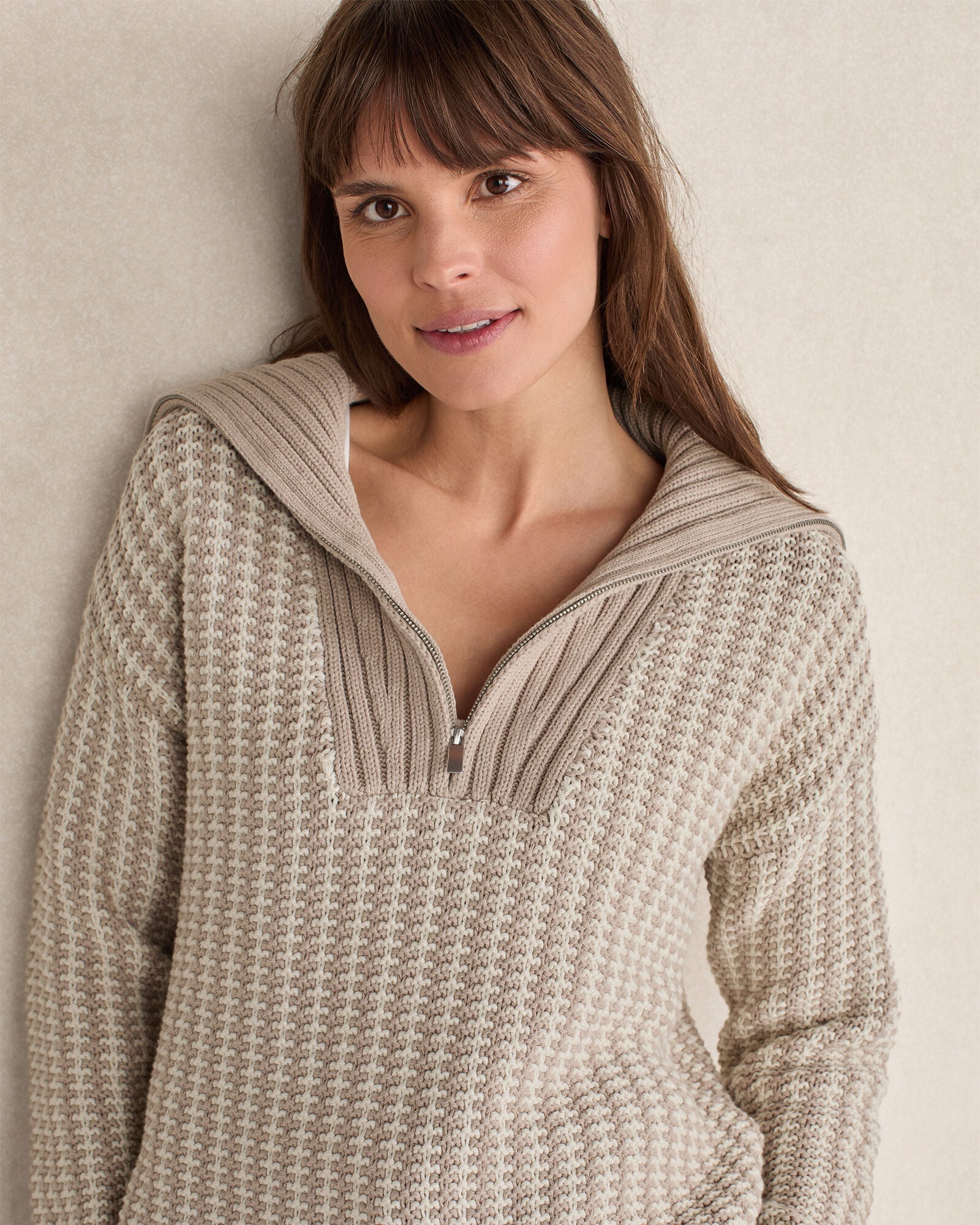COTTON BLEND CONTRAST STITCH HALF ZIP SWEATER | Talbots outlet