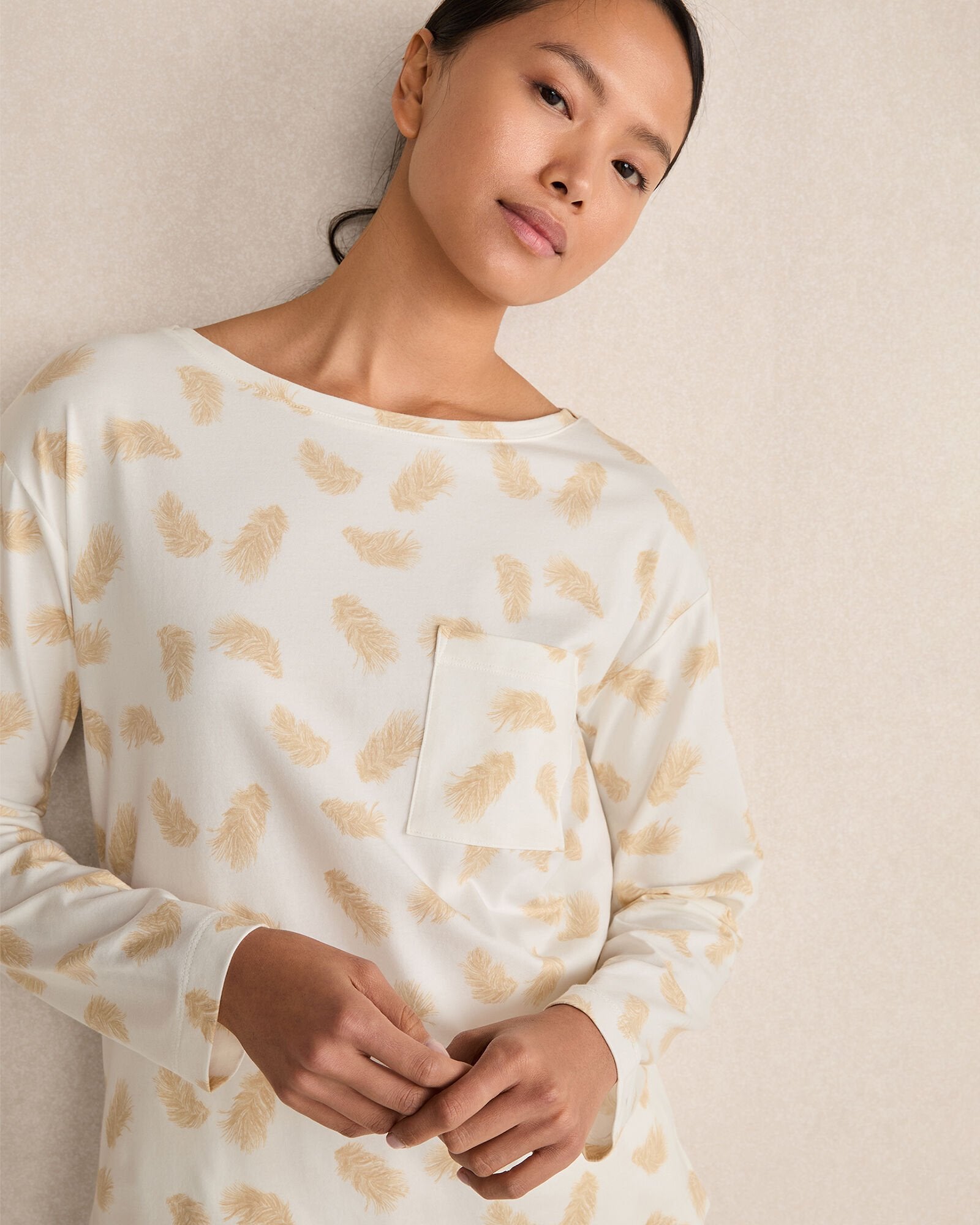 ORGANIC COTTON JERSEY FEATHER PRINT PAJAMA SHIRT | Talbots US