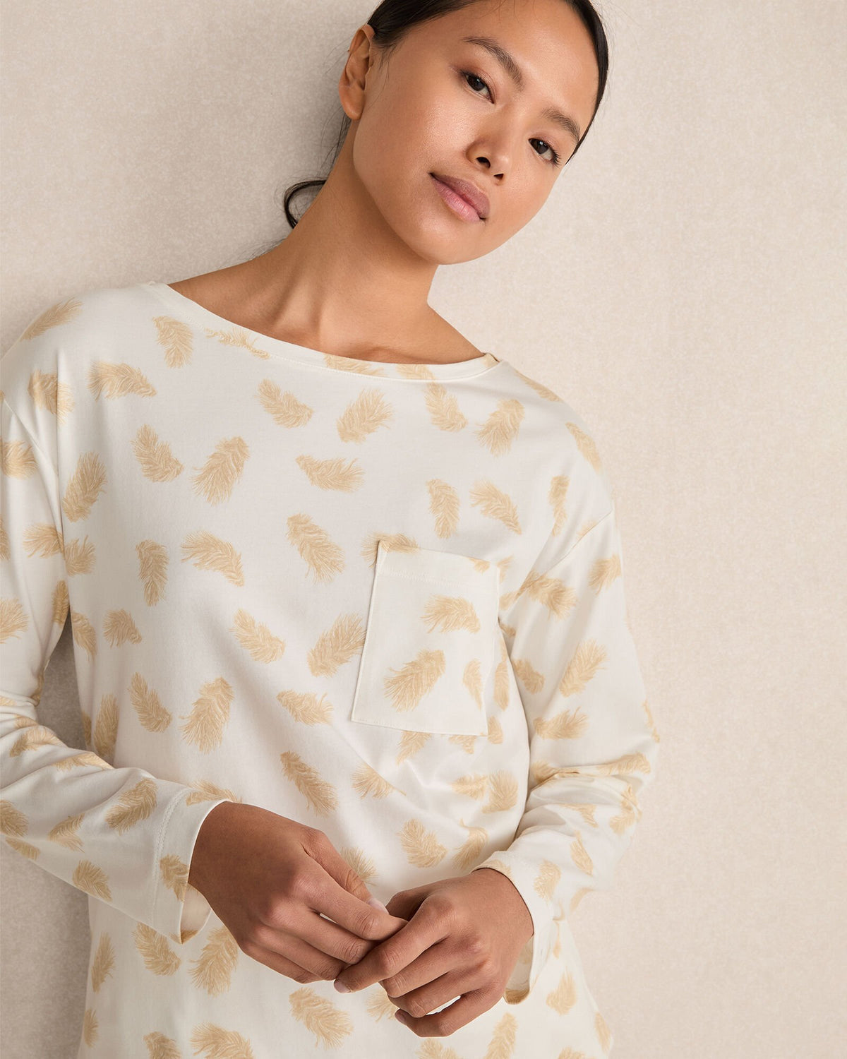 ORGANIC COTTON JERSEY FEATHER PRINT PAJAMA SHIRT | Talbots US