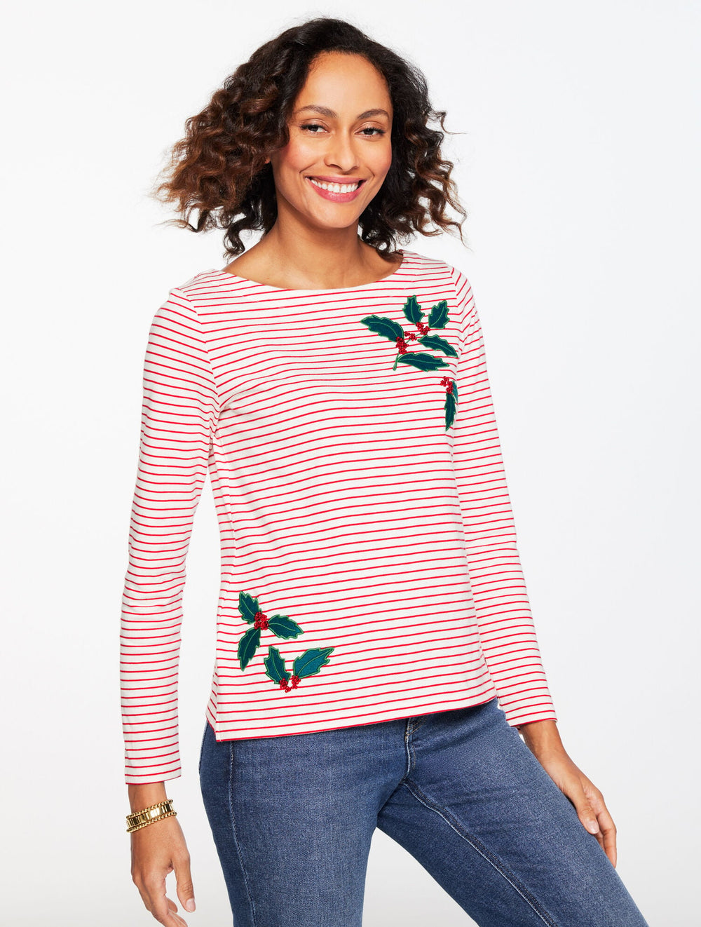 EMBROIDERED BATEAU NECK TEE - HOLLY BERRY STRIPE | Talbots outlet