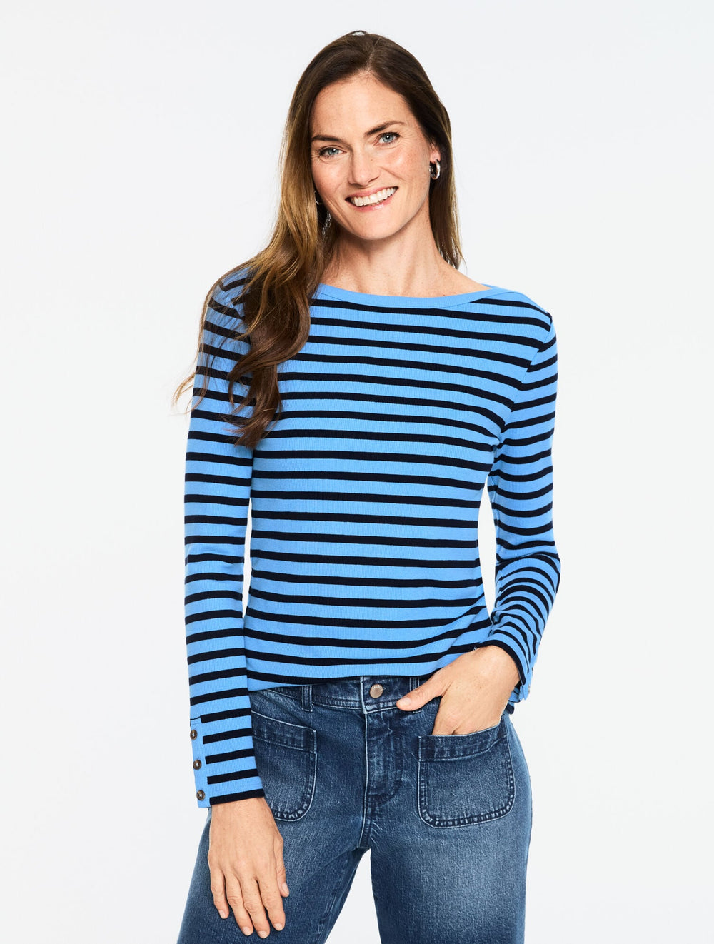 RIBBED BATEAU NECK TEE - AURORA STRIPE | Talbots on sale